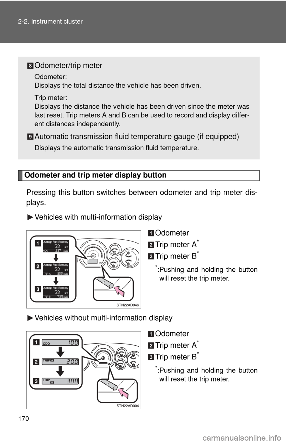 TOYOTA SEQUOIA 2011 2.G Owners Manual 170 2-2. Instrument cluster
Odometer and trip meter display button 
Pressing this button switches between odometer and trip meter dis-
plays.
Vehicles with multi-information display
Odometer
Trip mete