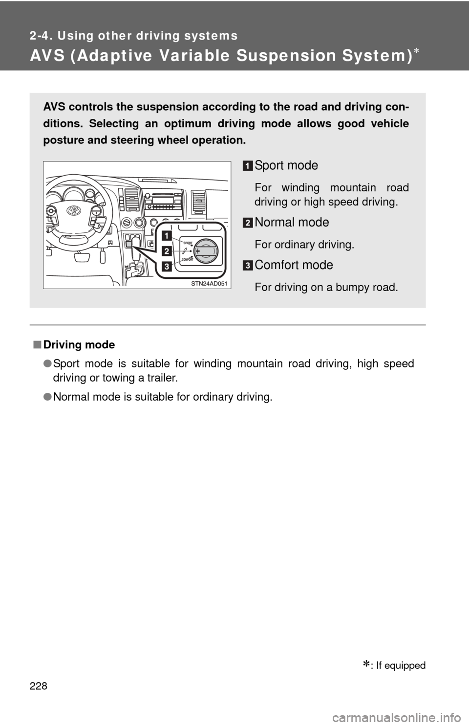 TOYOTA SEQUOIA 2011 2.G Owners Manual 228
2-4. Using other driving systems
AVS (Adaptive Variable Suspension System)
: If equipped
■Driving mode
●Sport mode is suitable for winding mountain road driving, high speed
driving or to