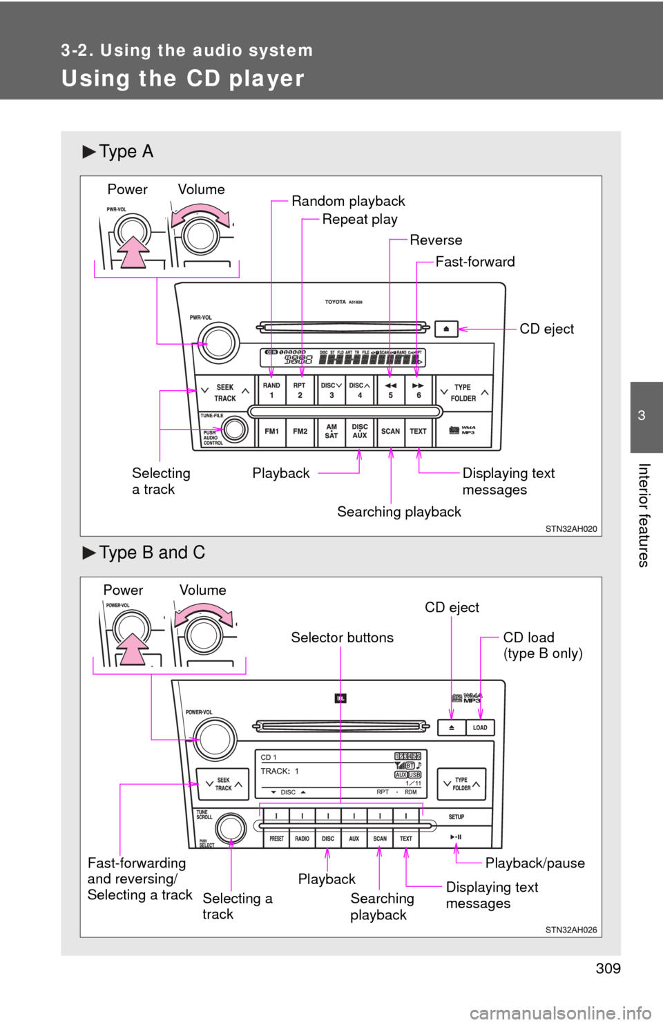 TOYOTA SEQUOIA 2011 2.G Owners Manual 309
3-2. Using the audio system
3
Interior features
Using the CD player
Ty p e A
Type B and C
Random playbackRepeat play
Playback CD eject
Displaying text
messages
Selecting
a track
Fast-forward
Re TOYOTA SEQUOIA 2011 2.G Owners Manual 309
3-2. Using the audio system
3
Interior features
Using the CD player
Ty p e A
Type B and C
Random playbackRepeat play
Playback CD eject
Displaying text
messages
Selecting
a track
Fast-forward
Re