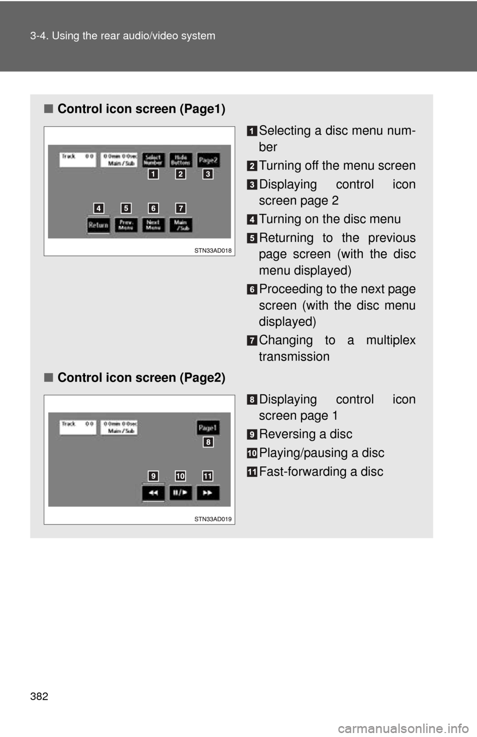 TOYOTA SEQUOIA 2011 2.G Owners Manual 382 3-4. Using the rear audio/video system
■Control icon screen (Page1)
Selecting a disc menu num-
ber
Turning off the menu screen
Displaying control icon
screen page 2
Turning on the disc menu
Retu