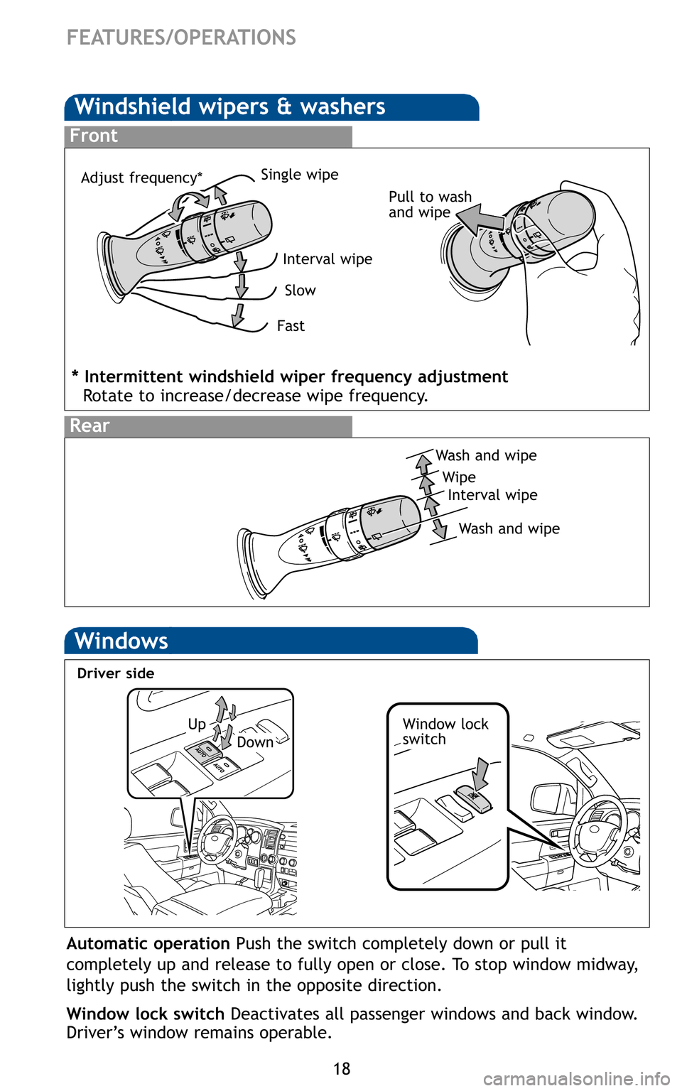TOYOTA SEQUOIA 2011 2.G Quick Reference Guide 18
Wash and wipe
WipeInterval wipe
Wash and wipe
FEATURES/OPERATIONS
Window lock
switch
Automatic operation Push the switch completely down or pull it
completely up and release to fully open or close. TOYOTA SEQUOIA 2011 2.G Quick Reference Guide 18
Wash and wipe
WipeInterval wipe
Wash and wipe
FEATURES/OPERATIONS
Window lock
switch
Automatic operation Push the switch completely down or pull it
completely up and release to fully open or close.
