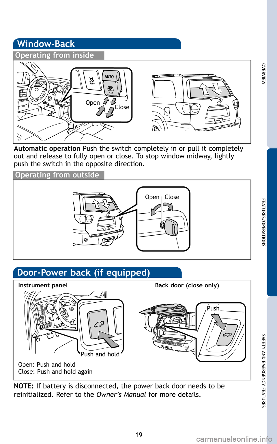 TOYOTA SEQUOIA 2011 2.G Quick Reference Guide 19
OVERVIEW
FEATURES/OPERATIONS
SAFETY AND EMERGENCY FEATURES
Automatic operation Push the switch completely in or pull it completely
out and release to fully open or close. To stop window midway, lig TOYOTA SEQUOIA 2011 2.G Quick Reference Guide 19
OVERVIEW
FEATURES/OPERATIONS
SAFETY AND EMERGENCY FEATURES
Automatic operation Push the switch completely in or pull it completely
out and release to fully open or close. To stop window midway, lig