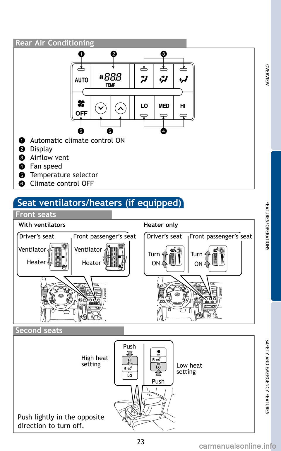TOYOTA SEQUOIA 2011 2.G Quick Reference Guide 23
OVERVIEW
FEATURES/OPERATIONS
SAFETY AND EMERGENCY FEATURES
Ventilator
Driver’s seat
Front passenger’s seat
Heater
Ventilator
Heater
Turn
Driver’s seat
Front passenger’s seat
ON
Turn
ON
Heat TOYOTA SEQUOIA 2011 2.G Quick Reference Guide 23
OVERVIEW
FEATURES/OPERATIONS
SAFETY AND EMERGENCY FEATURES
Ventilator
Driver’s seat
Front passenger’s seat
Heater
Ventilator
Heater
Turn
Driver’s seat
Front passenger’s seat
ON
Turn
ON
Heat