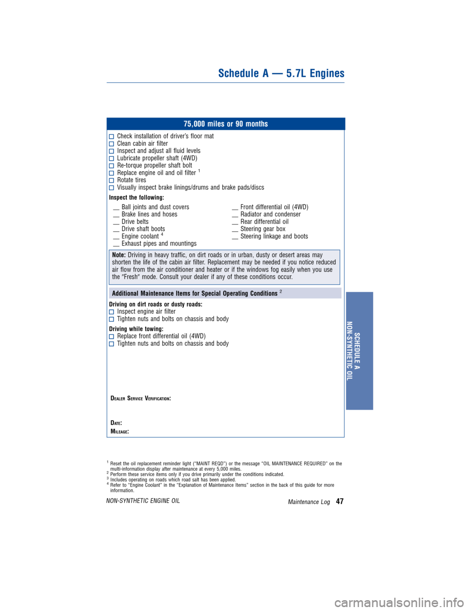 TOYOTA SEQUOIA 2011 2.G Warranty And Maintenance Guide JOBNAME: 317053-2011-seq-toyw PAGE: 47 SESS: 11 OUTPUT: Thu Jul 8 13:56:01 2010
/tweddle/toyota/sched-maint/317053-en-seq/wg
75,000 miles or 90 months
Check installation of driver’s floor matClean c