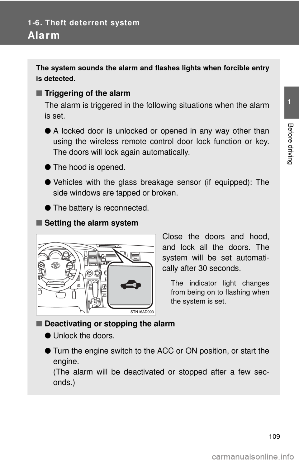 TOYOTA SEQUOIA 2012 2.G Owners Manual 109
1
1-6. Theft deterrent system
Before driving
Alarm
The system sounds the alarm and flashes lights when forcible entry
is detected.
■ Triggering of the alarm
The alarm is triggered in the fo llow