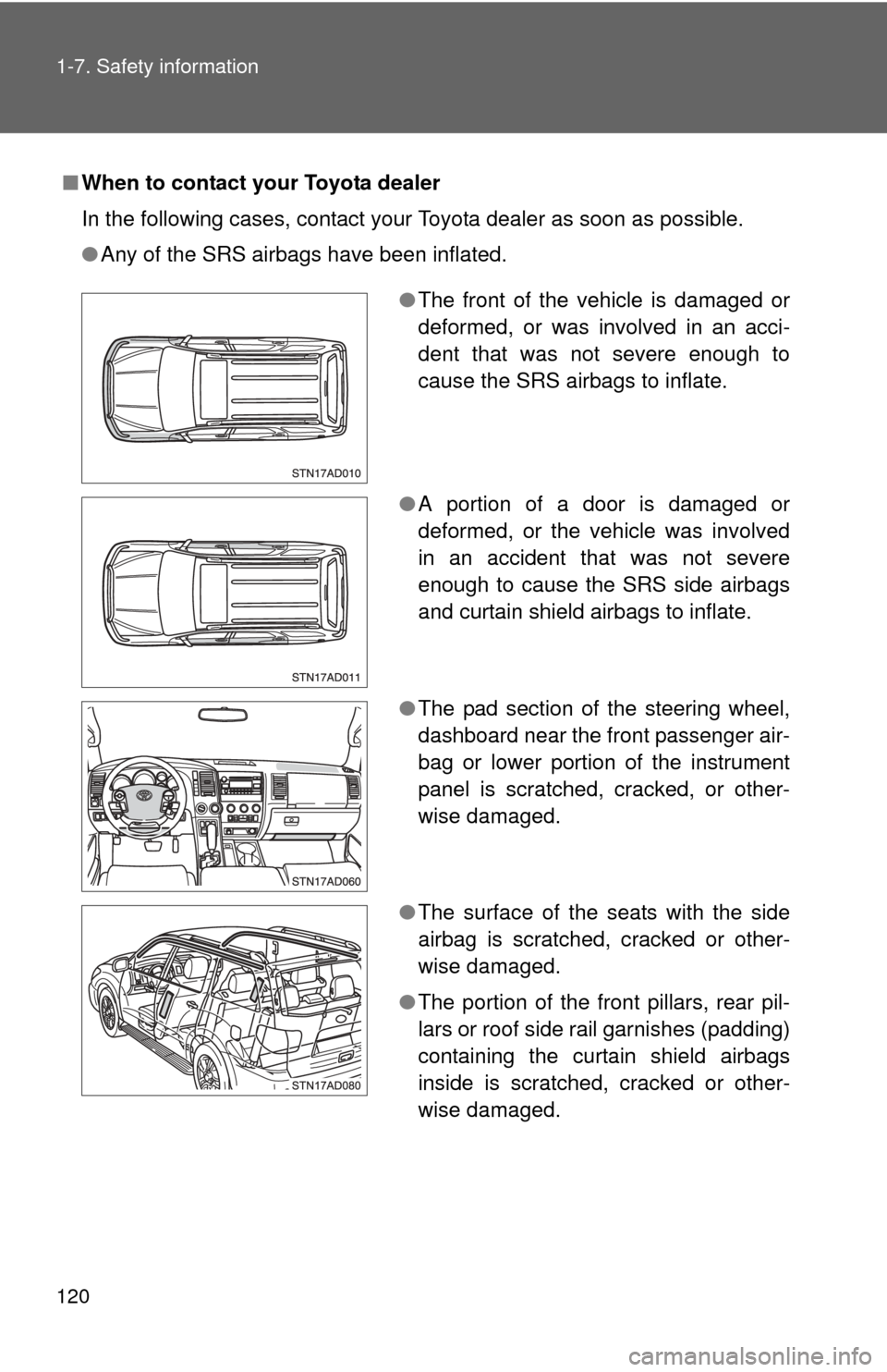 TOYOTA SEQUOIA 2012 2.G Owners Manual 120 1-7. Safety information
■When to contact your Toyota dealer
In the following cases, contact your Toyota dealer as soon as possible.
●Any of the SRS airbags have been inflated.
●The front of TOYOTA SEQUOIA 2012 2.G Owners Manual 120 1-7. Safety information
■When to contact your Toyota dealer
In the following cases, contact your Toyota dealer as soon as possible.
●Any of the SRS airbags have been inflated.
●The front of