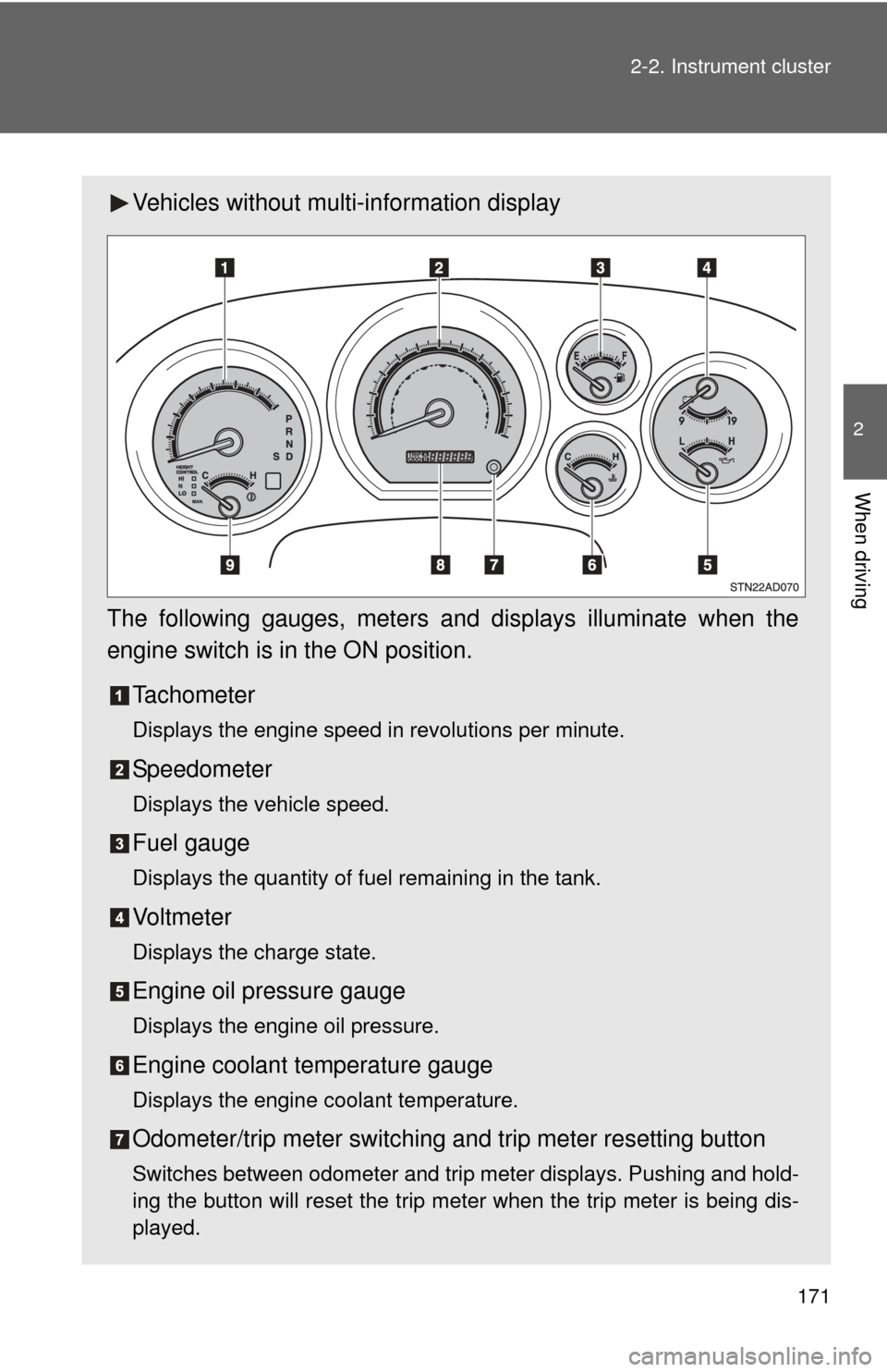 TOYOTA SEQUOIA 2012 2.G Owners Manual 171
2-2. Instrument cluster
2
When driving
Vehicles without multi-information display
The following gauges, meters and displays illuminate when the
engine switch is in the ON position. Tachometer
Disp