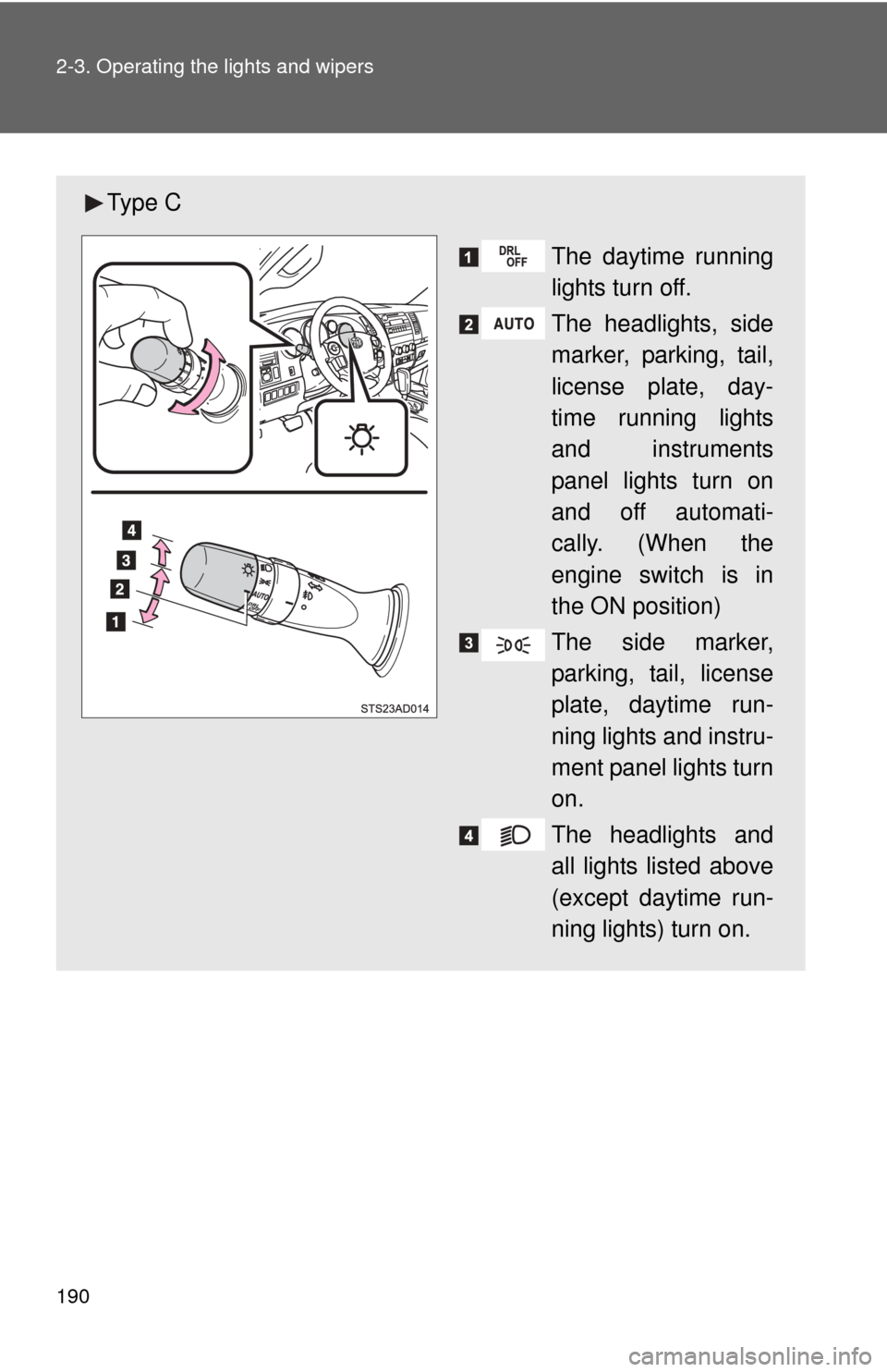 TOYOTA SEQUOIA 2012 2.G Owners Manual 190 2-3. Operating the lights and wipers
Ty p e  CThe daytime running
lights turn off.
The headlights, side
marker, parking, tail,
license plate, day-
time running lights
and instruments
panel lights 
