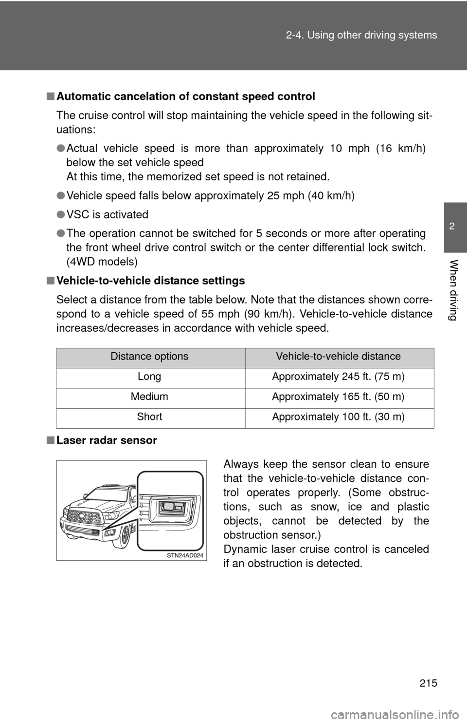 TOYOTA SEQUOIA 2012 2.G User Guide 215
2-4. Using other
driving systems
2
When driving
■Automatic cancelation of constant speed control
The cruise control will stop maintaining the vehicle speed in the following sit-
uations:
●Act TOYOTA SEQUOIA 2012 2.G User Guide 215
2-4. Using other
driving systems
2
When driving
■Automatic cancelation of constant speed control
The cruise control will stop maintaining the vehicle speed in the following sit-
uations:
●Act