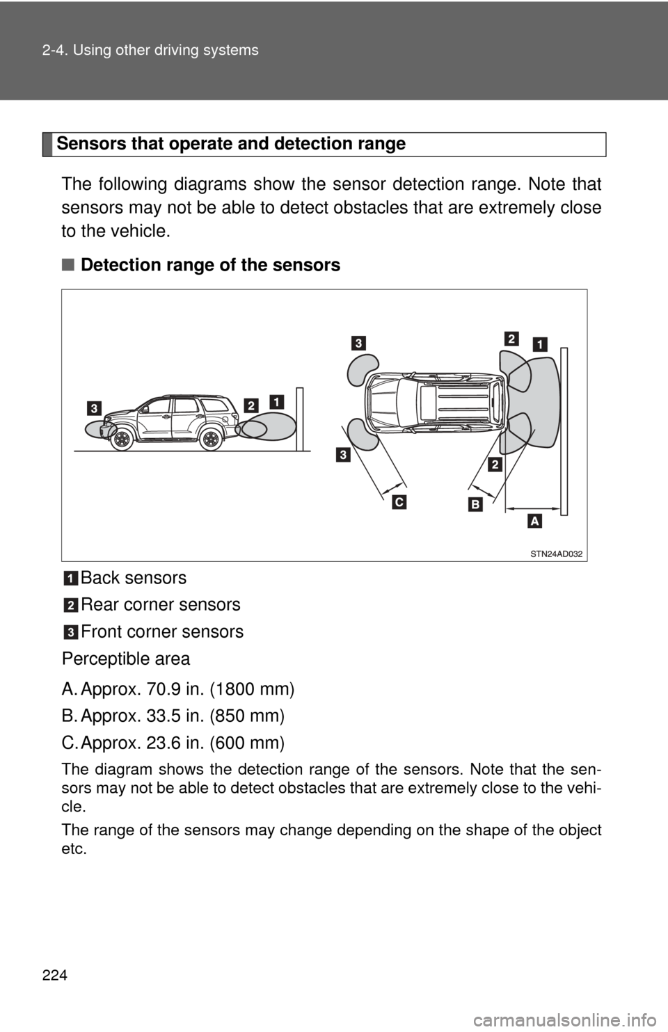 TOYOTA SEQUOIA 2012 2.G User Guide 224 2-4. Using other driving systems
Sensors that operate and detection rangeThe following diagrams show the sensor detection range. Note that
sensors may not be able to detect obstacles that are extr TOYOTA SEQUOIA 2012 2.G User Guide 224 2-4. Using other driving systems
Sensors that operate and detection rangeThe following diagrams show the sensor detection range. Note that
sensors may not be able to detect obstacles that are extr