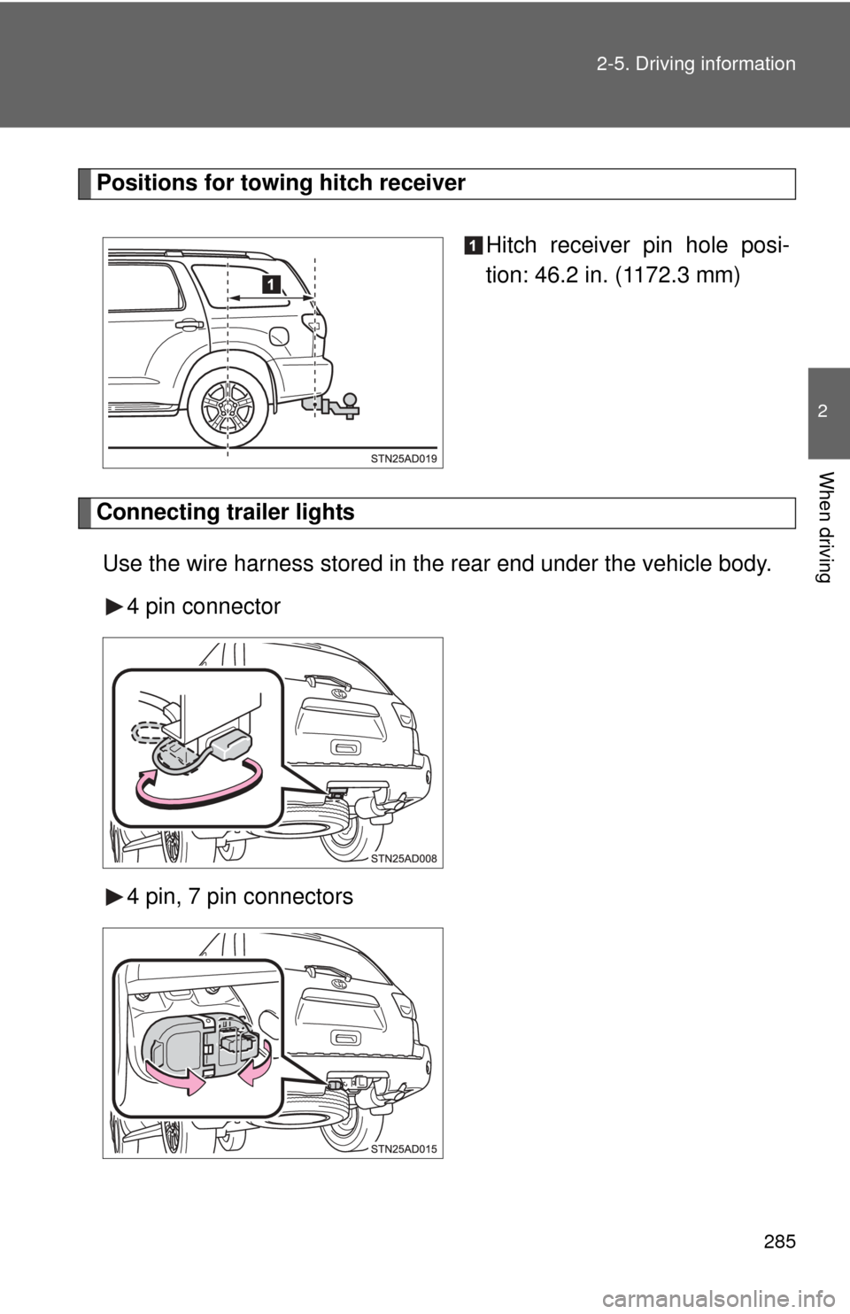 TOYOTA SEQUOIA 2012 2.G Owners Manual 285
2-5. Driving information
2
When driving
Positions for towing hitch receiver
Hitch receiver pin hole posi-
tion: 46.2 in. (1172.3 mm)
Connecting trailer lightsUse the wire harness stored in the rea TOYOTA SEQUOIA 2012 2.G Owners Manual 285
2-5. Driving information
2
When driving
Positions for towing hitch receiver
Hitch receiver pin hole posi-
tion: 46.2 in. (1172.3 mm)
Connecting trailer lightsUse the wire harness stored in the rea