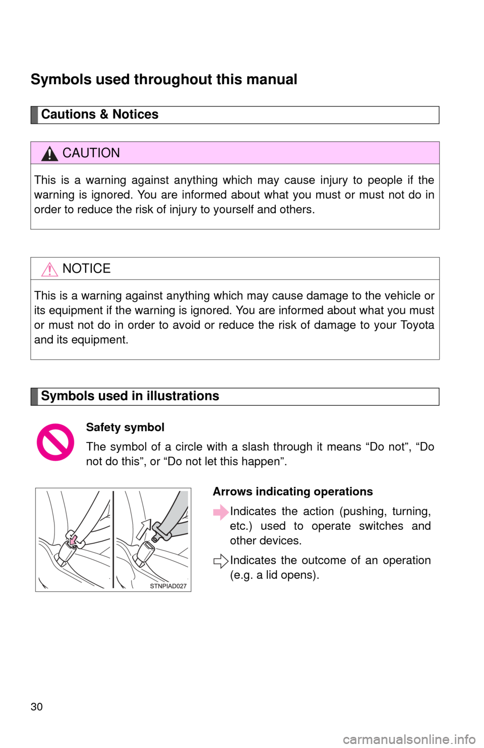 TOYOTA SEQUOIA 2012 2.G Owners Manual 30
Symbols used throughout this manual
Cautions & Notices 
Symbols used in illustrations
CAUTION
This is a warning against anything which may cause injury to people if the
warning is ignored. You are 