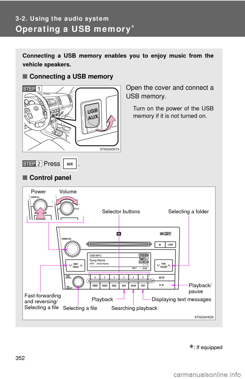 TOYOTA SEQUOIA 2012 2.G Owners Manual 352
3-2. Using the audio system
Operating a USB memor y
: If equipped
Connecting a USB memory enables you to enjoy music from the
vehicle speakers.
■Connecting a USB memory
Open the cover and 