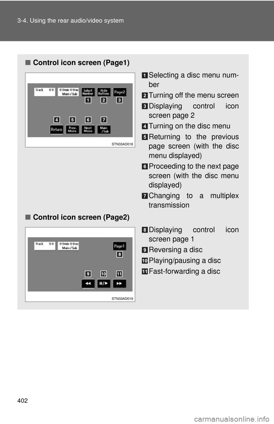 TOYOTA SEQUOIA 2012 2.G Owners Manual 402 3-4. Using the rear audio/video system
■Control icon screen (Page1)
Selecting a disc menu num-
ber
Turning off the menu screen
Displaying control icon
screen page 2
Turning on the disc menu
Retu