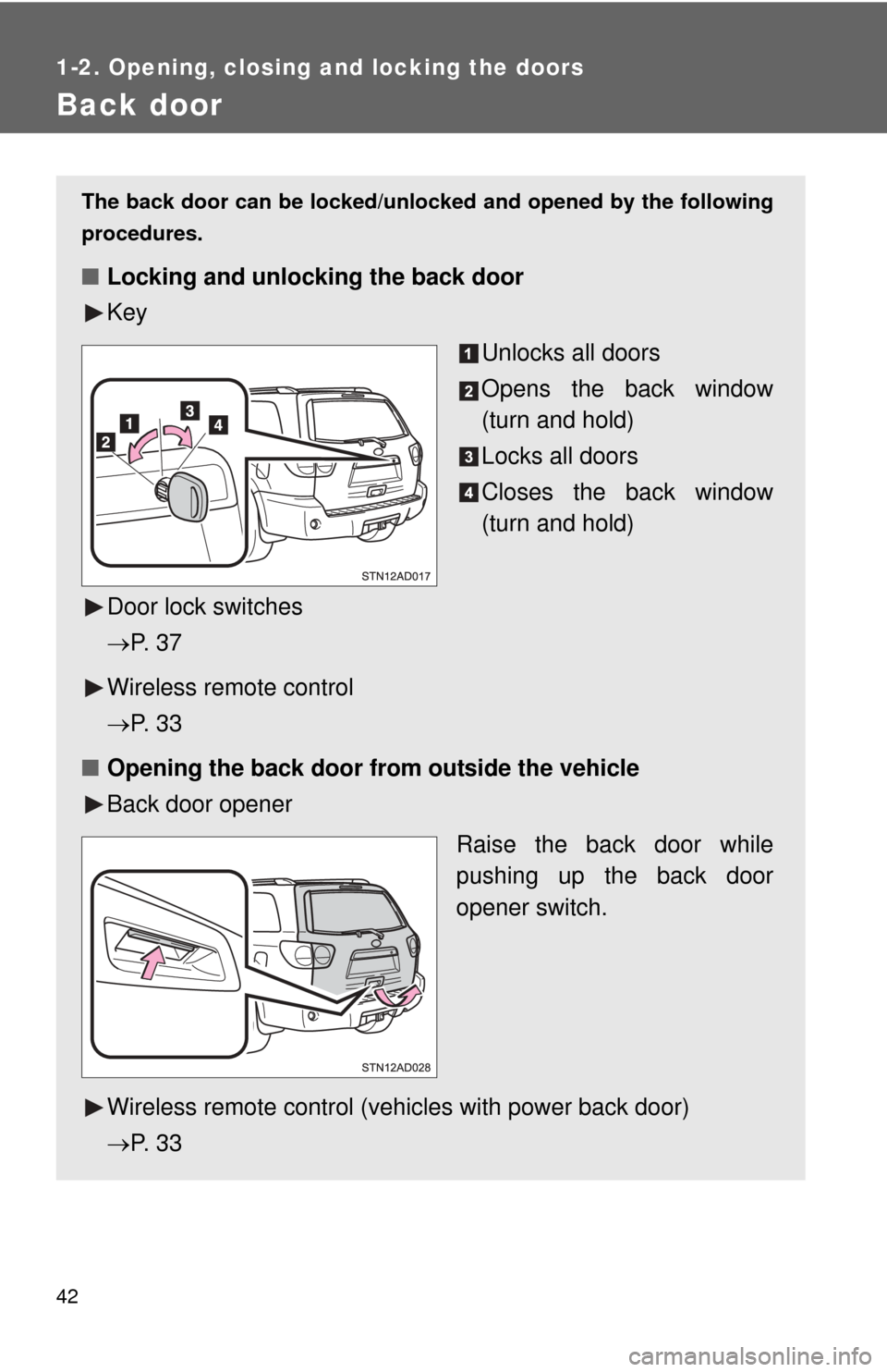 TOYOTA SEQUOIA 2012 2.G Service Manual 42
1-2. Opening, closing and locking the doors
Back door
The back door can be locked/unlocked and opened by the following
procedures. 
■Locking and unlocking the back door
Key
Unlocks all doors
Open