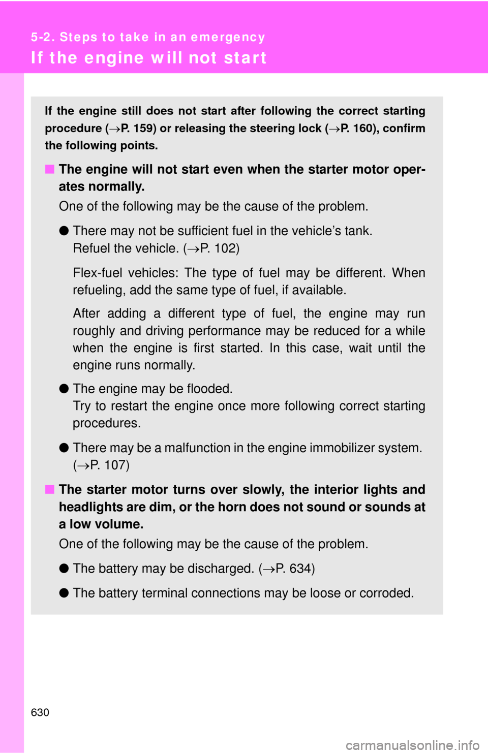 TOYOTA SEQUOIA 2012 2.G Owners Manual 630
5-2. Steps to take in an emergency
If the engine will not start
If the engine still does not start after following the correct starting
procedure ( P. 159) or releasing the steering lock (P.