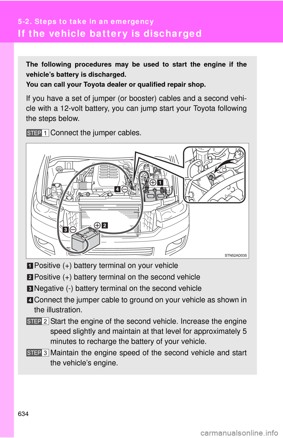 TOYOTA SEQUOIA 2012 2.G Owners Manual 634
5-2. Steps to take in an emergency
If the vehicle batter y is discharged
The following procedures may be used to start the engine if the
vehicle’s battery is discharged.
You can call your Toyota TOYOTA SEQUOIA 2012 2.G Owners Manual 634
5-2. Steps to take in an emergency
If the vehicle batter y is discharged
The following procedures may be used to start the engine if the
vehicle’s battery is discharged.
You can call your Toyota