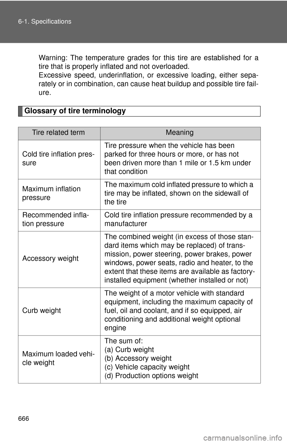 TOYOTA SEQUOIA 2012 2.G Owners Manual 666 6-1. Specifications
Warning: The temperature grades for this tire are established for a
tire that is properly inflated and not overloaded.
Excessive speed, underinflation, or excessive loading, ei