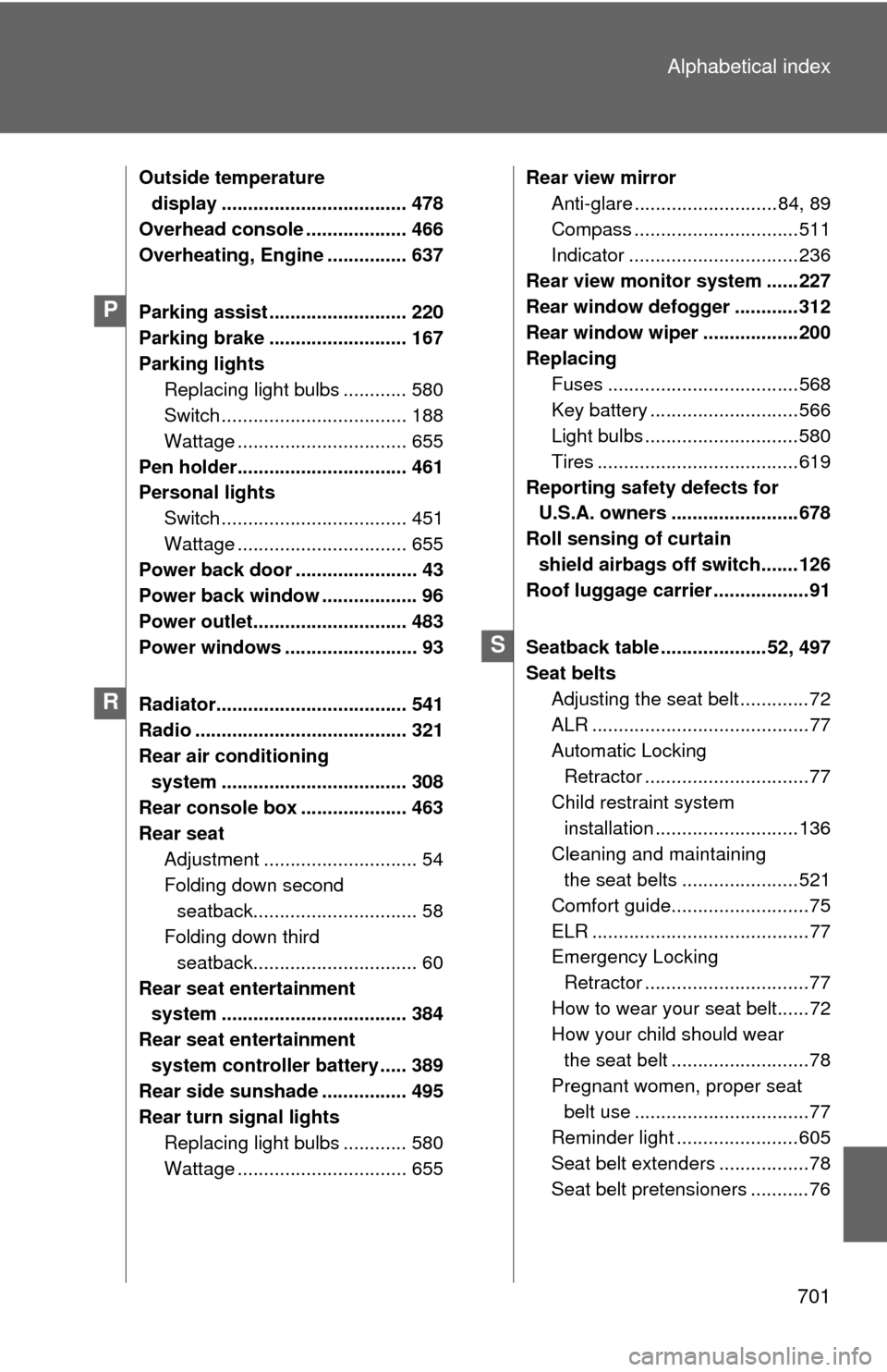 TOYOTA SEQUOIA 2012 2.G User Guide 701
Alphabetical index
Outside temperature 
display ................................... 478
Overhead console ................... 466
Overheating, Engine ............... 637
Parking assist ............