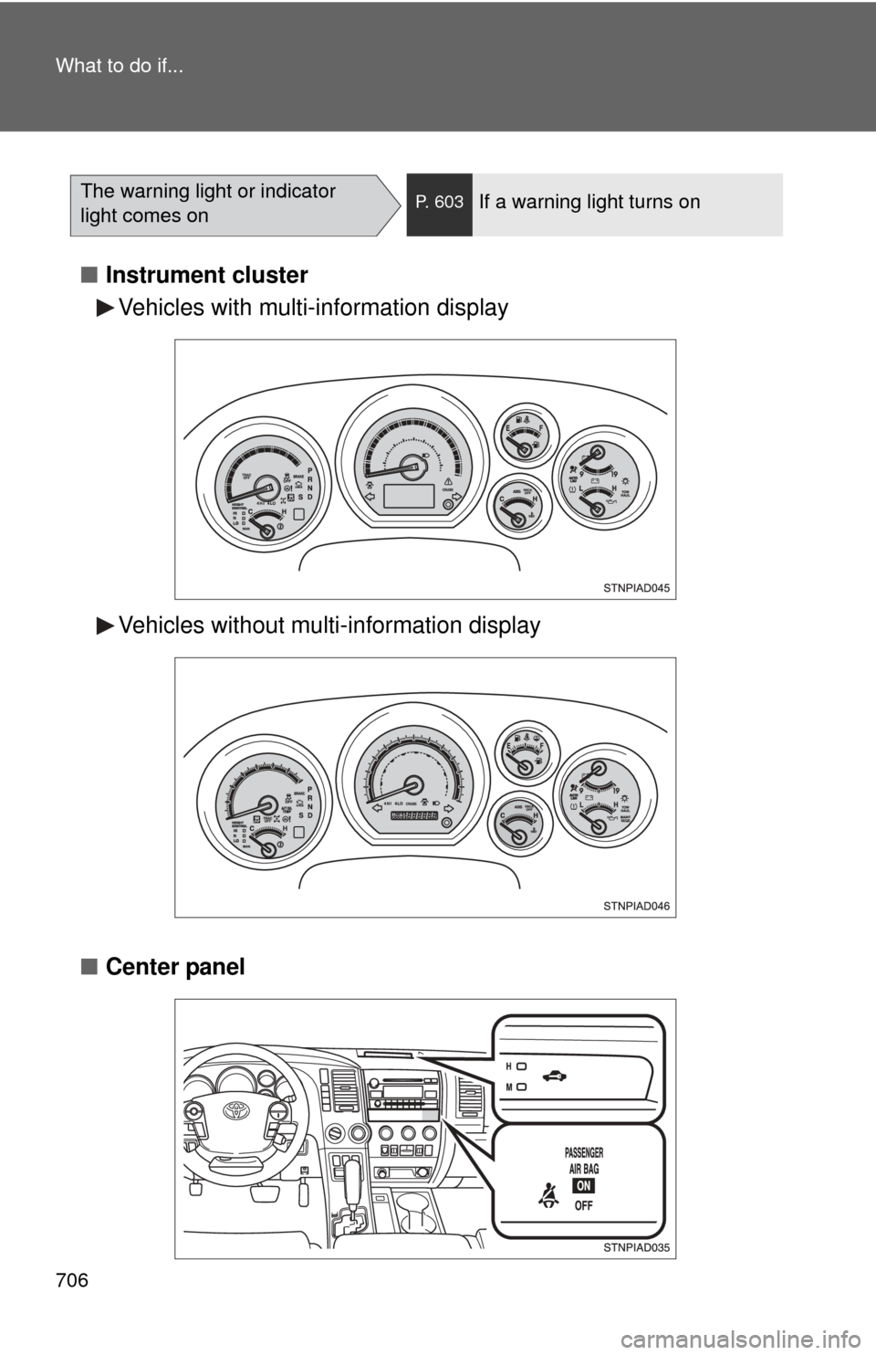 TOYOTA SEQUOIA 2012 2.G Owners Manual 706 What to do if...
■Instrument cluster
■ Center panel
The warning light or indicator 
light comes onP. 603If a warning light turns on
Vehicles with multi-information display
Vehicles without mul