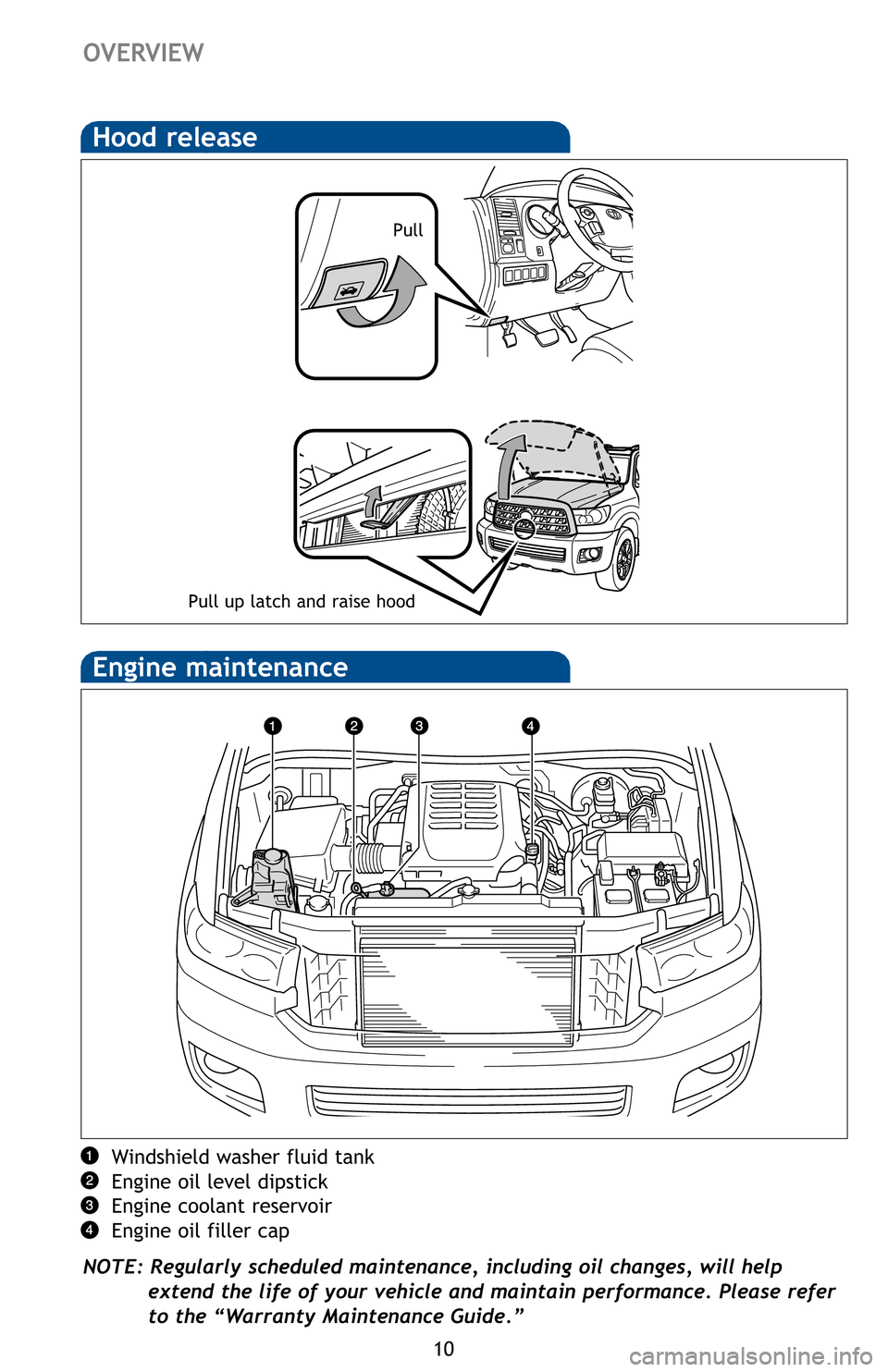 TOYOTA SEQUOIA 2012 2.G Quick Reference Guide 10
Windshield washer fluid tank
Engine oil level dipstick
Engine coolant reservoir
Engine oil filler cap
NOTE: Regularly scheduled maintenance, including oil changes, will help extend the life of your TOYOTA SEQUOIA 2012 2.G Quick Reference Guide 10
Windshield washer fluid tank
Engine oil level dipstick
Engine coolant reservoir
Engine oil filler cap
NOTE: Regularly scheduled maintenance, including oil changes, will help extend the life of your