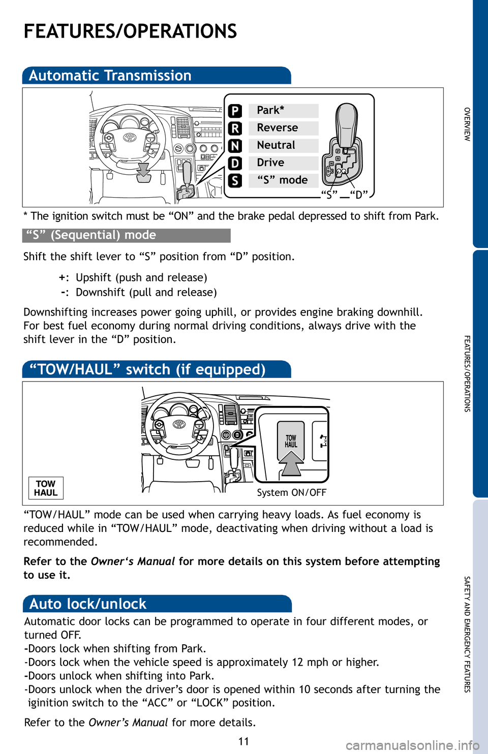 TOYOTA SEQUOIA 2012 2.G Quick Reference Guide OVERVIEW
FEATURES/OPERATIONS
SAFETY AND EMERGENCY FEATURES
11
fer
FEATURES/OPERATIONS
Automatic Transmission
* The ignition switch must be “ON” and the brake pedal depressed to \
shift from Park.
