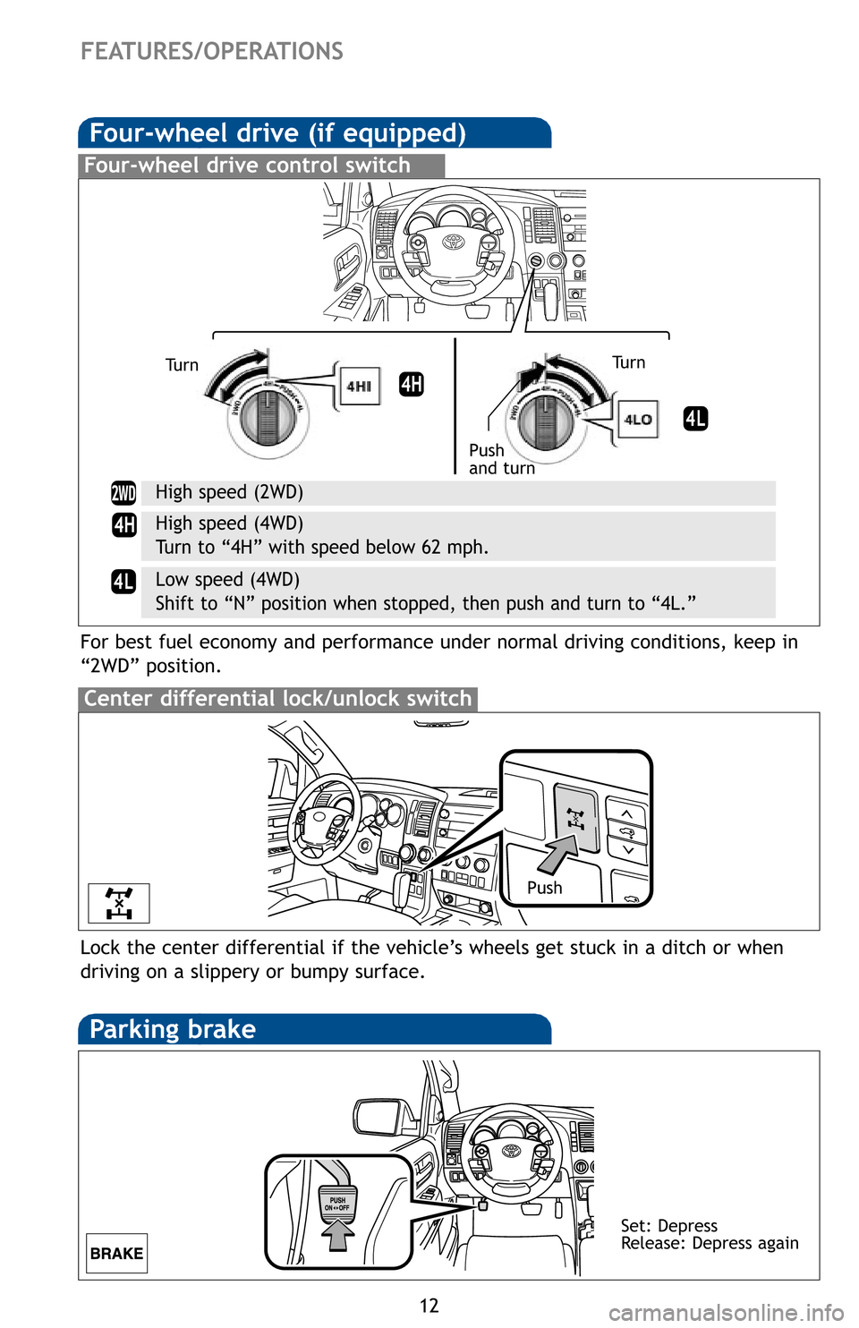 TOYOTA SEQUOIA 2012 2.G Quick Reference Guide 12
FEATURES/OPERATIONS
Lock the center differential if the vehicle’s wheels get stuck in a ditch or when
driving on a slippery or bumpy surface.
Center differential lock/unlock switch
Four-wheel dri TOYOTA SEQUOIA 2012 2.G Quick Reference Guide 12
FEATURES/OPERATIONS
Lock the center differential if the vehicle’s wheels get stuck in a ditch or when
driving on a slippery or bumpy surface.
Center differential lock/unlock switch
Four-wheel dri