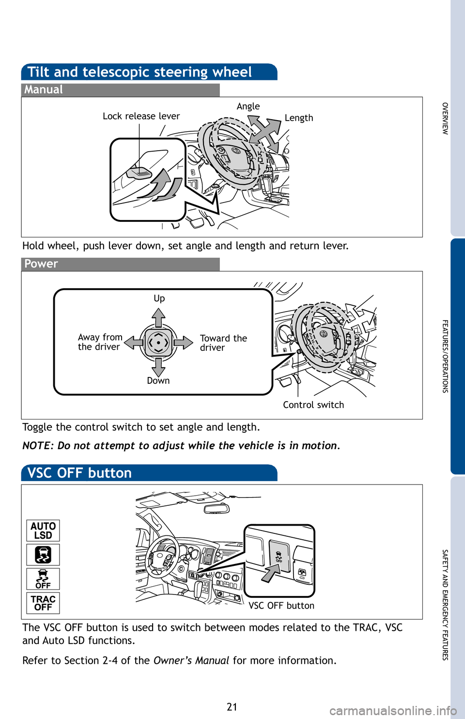 TOYOTA SEQUOIA 2012 2.G Quick Reference Guide OVERVIEW
FEATURES/OPERATIONS
SAFETY AND EMERGENCY FEATURES
21
Tilt and telescopic steering wheel
Hold wheel, push lever down, set angle and length and return lever.
Manual
Lock release leverAngle
Togg