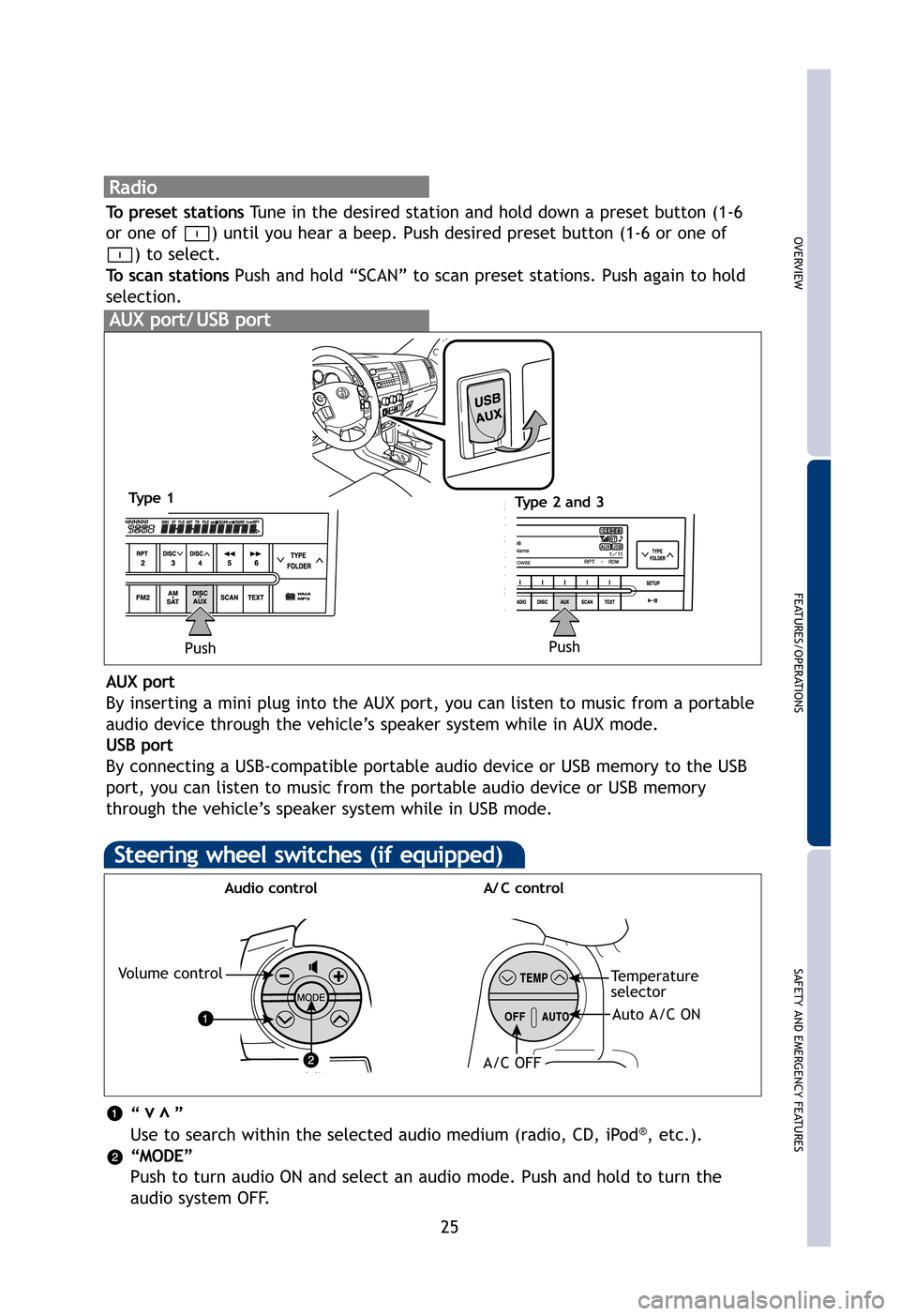 TOYOTA SEQUOIA 2012 2.G Quick Reference Guide
OVERVIEW
FEATURES/OPERATIONS
SAFETY AND EMERGENCY FEATURES
25
Radio
To preset stations Tune in the desired station and hold down a preset button (1-6
or one of ) until you hear a beep. Push desir TOYOTA SEQUOIA 2012 2.G Quick Reference Guide
OVERVIEW
FEATURES/OPERATIONS
SAFETY AND EMERGENCY FEATURES
25
Radio
To preset stations Tune in the desired station and hold down a preset button (1-6
or one of ) until you hear a beep. Push desir