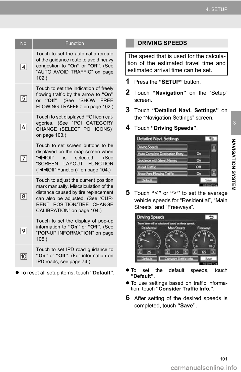 TOYOTA SEQUOIA 2013 2.G Navigation Manual 101
4. SETUP
3
NAVIGATION SYSTEM
To reset all setup items, touch “Default”.
1Press the “SETUP” button.
2Touch “Navigation” on the “Setup”
screen.
3Touch “Detailed Navi. S TOYOTA SEQUOIA 2013 2.G Navigation Manual 101
4. SETUP
3
NAVIGATION SYSTEM
To reset all setup items, touch “Default”.
1Press the “SETUP” button.
2Touch “Navigation” on the “Setup”
screen.
3Touch “Detailed Navi. S