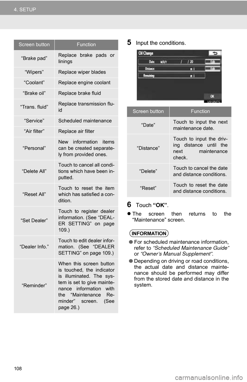 TOYOTA SEQUOIA 2013 2.G Navigation Manual 108
4. SETUP
5Input the conditions.
6Touch “OK”.
The screen then returns to the
“Maintenance” screen.
“Brake pad”Replace brake pads or
linings
“Wipers”Replace wiper blades
TOYOTA SEQUOIA 2013 2.G Navigation Manual 108
4. SETUP
5Input the conditions.
6Touch “OK”.
The screen then returns to the
“Maintenance” screen.
“Brake pad”Replace brake pads or
linings
“Wipers”Replace wiper blades