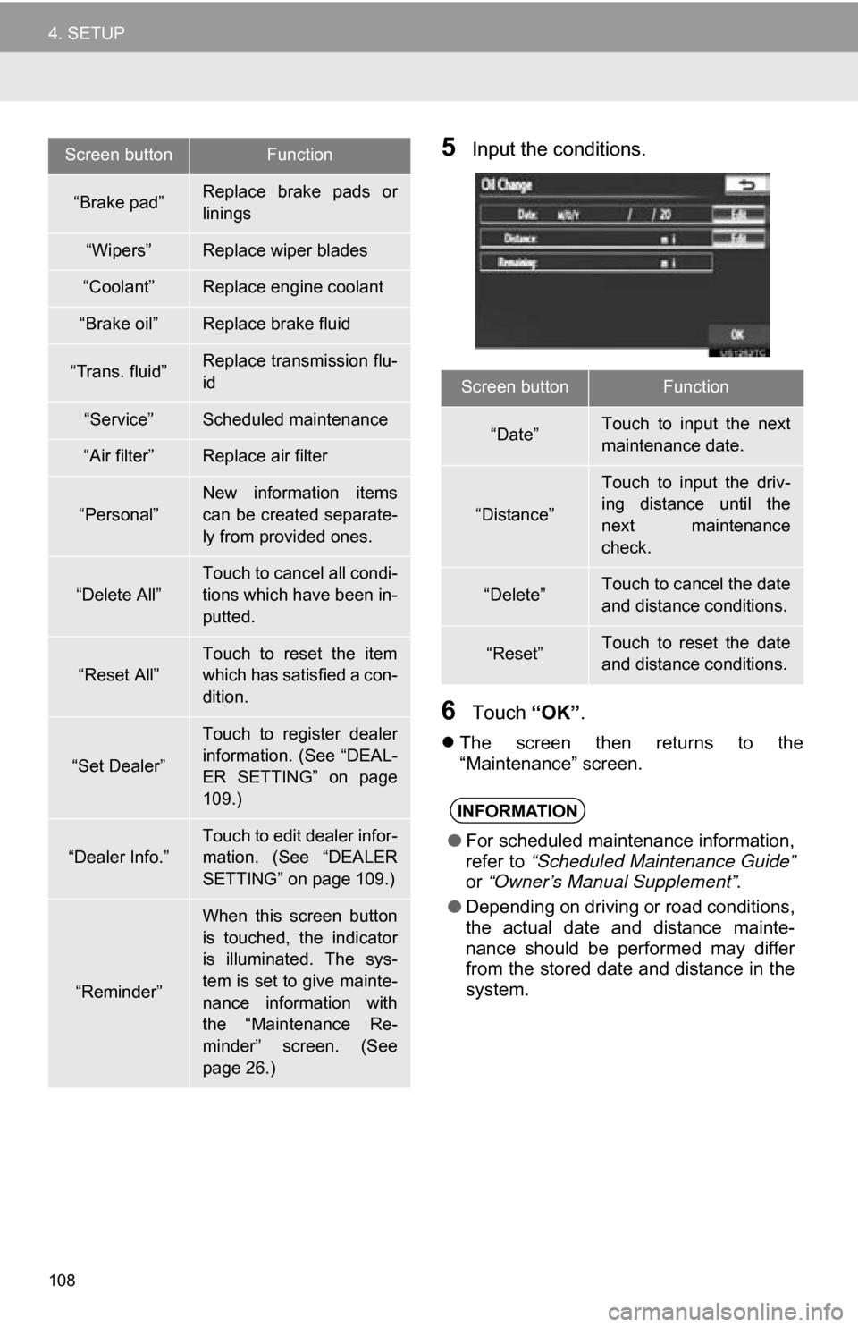 TOYOTA SEQUOIA 2013 2.G Navigation Manual 108
4. SETUP
5Input the conditions.
6Touch “OK”.
The  screen  then  returns  to  the
“Maintenance” screen.
“Brake pad”Replace  brake  pads  or
linings
“Wipers”Replace wiper blades
�