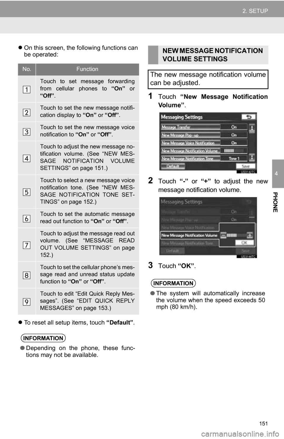 TOYOTA SEQUOIA 2013 2.G Navigation Manual 151
2. SETUP
4
PHONE
On this screen, the following functions can
be operated:
To reset all setup items, touch “Default”.
1Touch “New Message Notification
Vo l u m e ” .
2Touch “- TOYOTA SEQUOIA 2013 2.G Navigation Manual 151
2. SETUP
4
PHONE
On this screen, the following functions can
be operated:
To reset all setup items, touch “Default”.
1Touch “New Message Notification
Vo l u m e ” .
2Touch “-