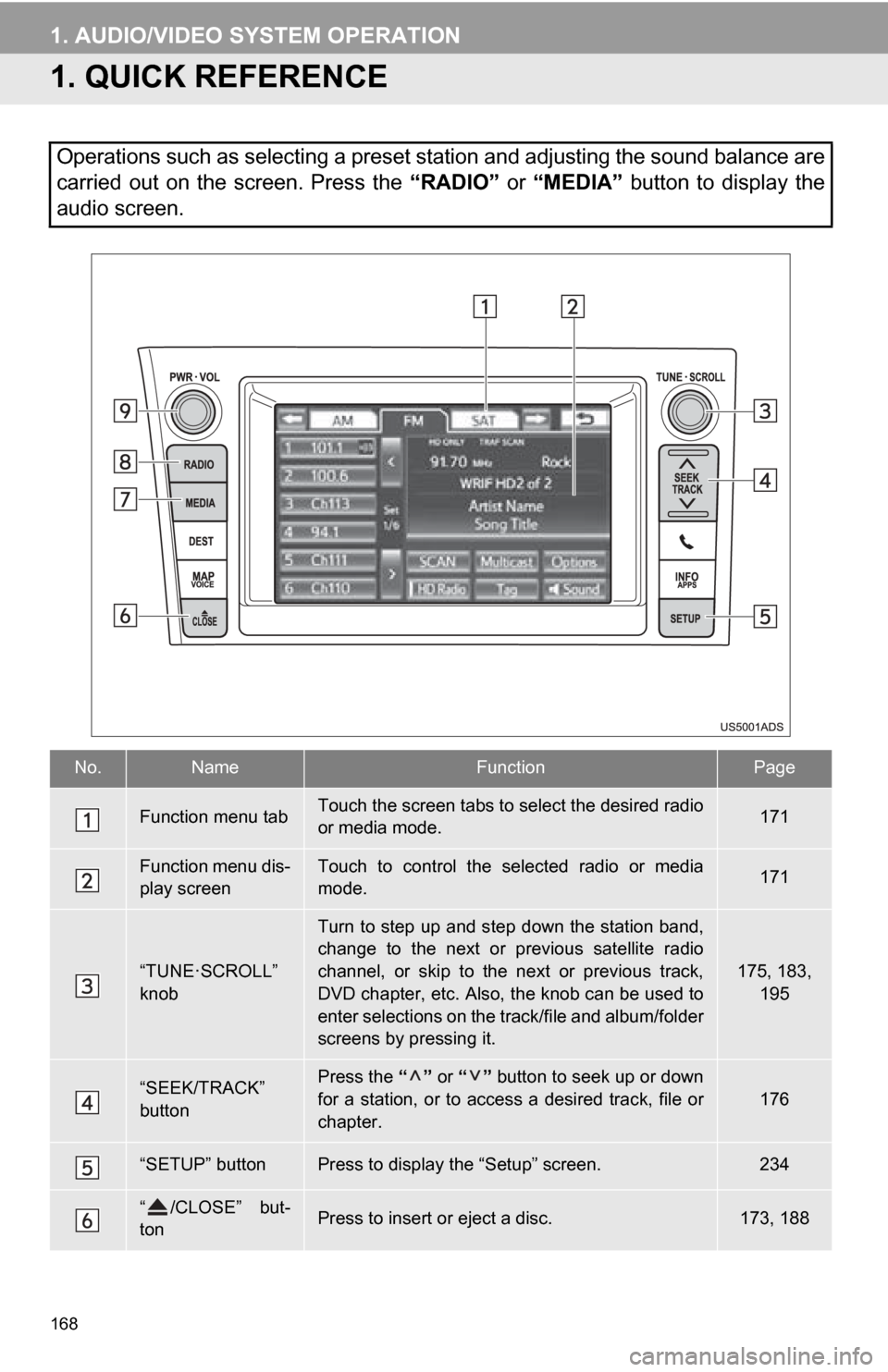 TOYOTA SEQUOIA 2013 2.G Navigation Manual 168
1. AUDIO/VIDEO SYSTEM OPERATION
1. QUICK REFERENCE
Operations such as selecting a preset station and adjusting the sound balance are
carried out on the screen. Press the “RADIO” or “ TOYOTA SEQUOIA 2013 2.G Navigation Manual 168
1. AUDIO/VIDEO SYSTEM OPERATION
1. QUICK REFERENCE
Operations such as selecting a preset station and adjusting the sound balance are
carried out on the screen. Press the “RADIO” or “