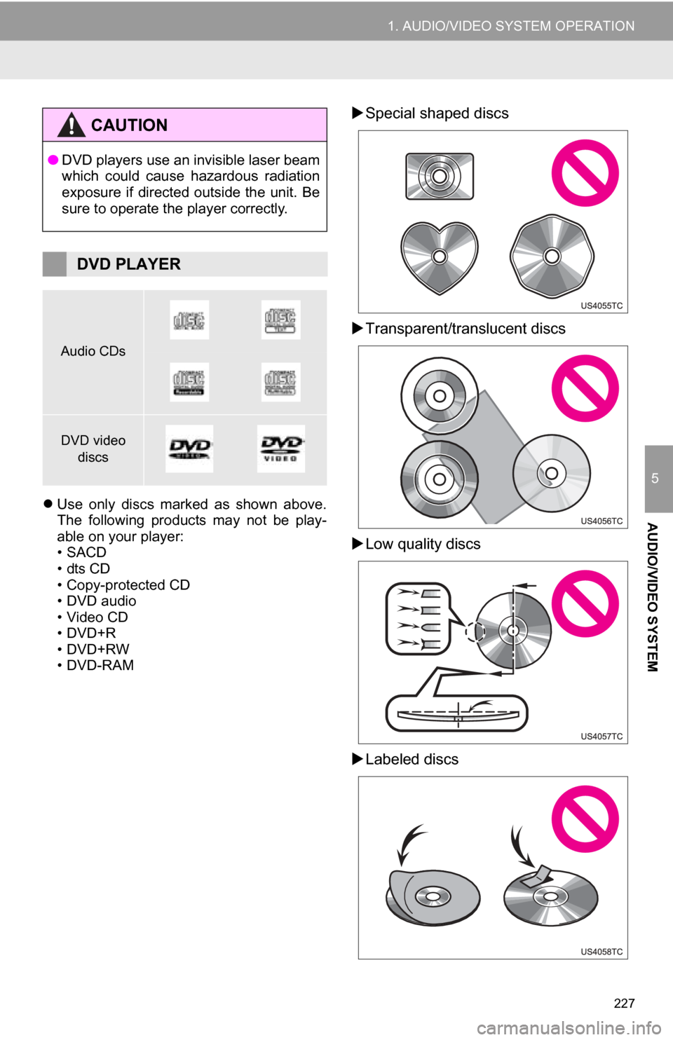 TOYOTA SEQUOIA 2013 2.G Navigation Manual 227
1. AUDIO/VIDEO SYSTEM OPERATION
5
AUDIO/VIDEO SYSTEMUse only discs marked as shown above.
The following products may not be play-
able on your player:
•SACD
•dts CD
• Copy-pro TOYOTA SEQUOIA 2013 2.G Navigation Manual 227
1. AUDIO/VIDEO SYSTEM OPERATION
5
AUDIO/VIDEO SYSTEMUse only discs marked as shown above.
The following products may not be play-
able on your player:
•SACD
•dts CD
• Copy-pro