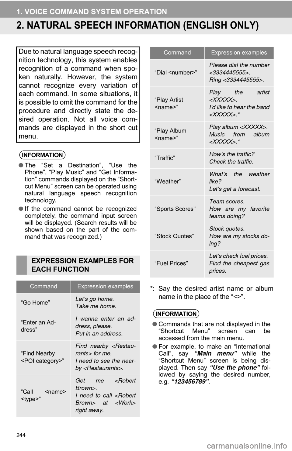 TOYOTA SEQUOIA 2013 2.G Navigation Manual 244
1. VOICE COMMAND SYSTEM OPERATION
2. NATURAL SPEECH INFORM ATION (ENGLISH ONLY)
*: Say  the  desired  artist  name  or  album
name in the place of the “<>”.
Due to natural language speech reco