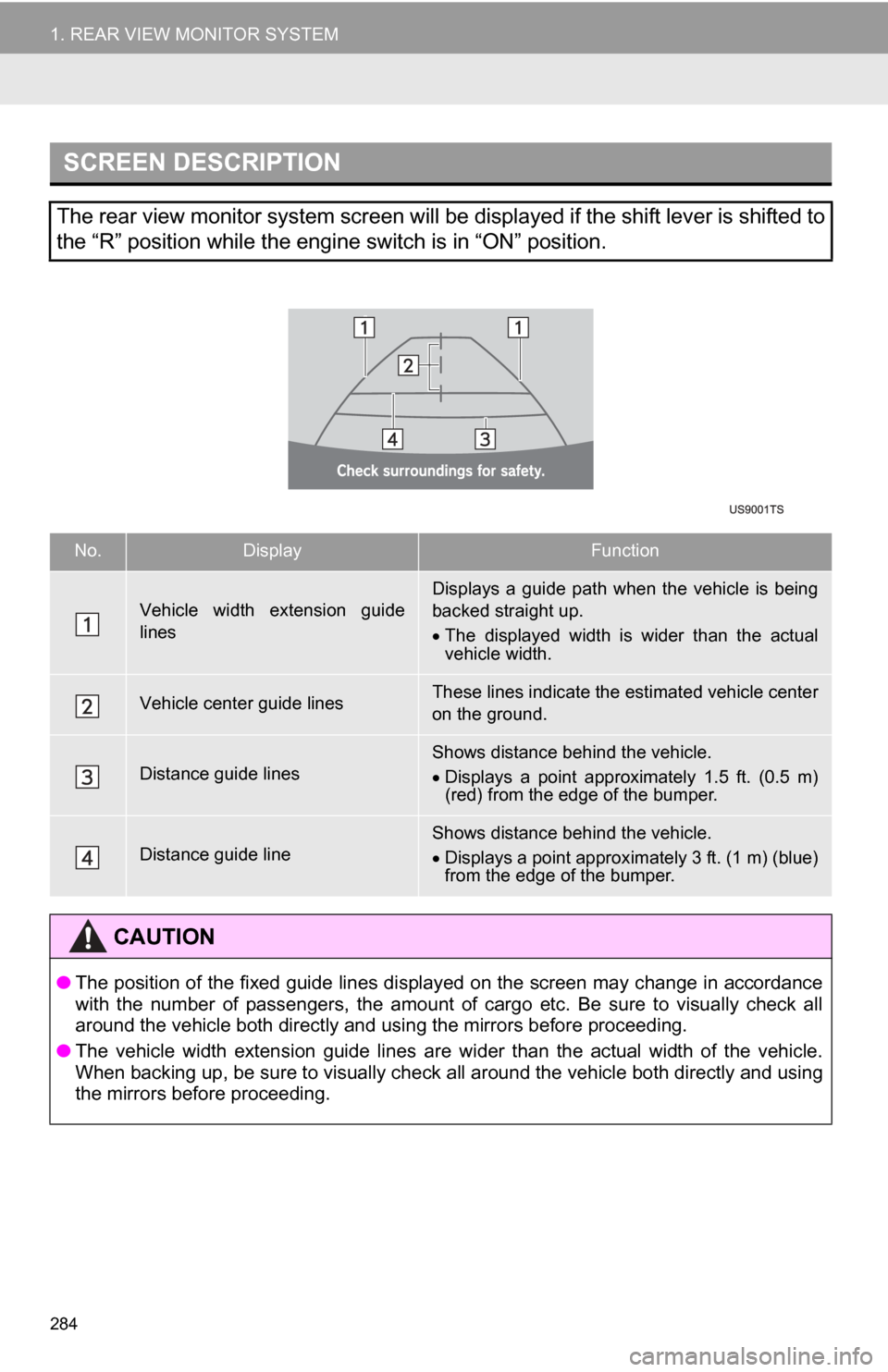 TOYOTA SEQUOIA 2013 2.G Navigation Manual 284
1. REAR VIEW MONITOR SYSTEM
SCREEN DESCRIPTION
The rear view monitor system screen will be displayed if the shift lever is shifted to
the “R” position while the engine switch is in “ON” po