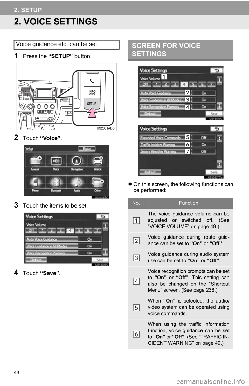TOYOTA SEQUOIA 2013 2.G Navigation Manual 48
2. SETUP
2. VOICE SETTINGS
1Press the “SETUP” button.
2Touch “Voice” .
3Touch the items to be set.
4Touch “Save” .
On this screen, the following functions can
be performed:
Voice gui TOYOTA SEQUOIA 2013 2.G Navigation Manual 48
2. SETUP
2. VOICE SETTINGS
1Press the “SETUP” button.
2Touch “Voice” .
3Touch the items to be set.
4Touch “Save” .
On this screen, the following functions can
be performed:
Voice gui