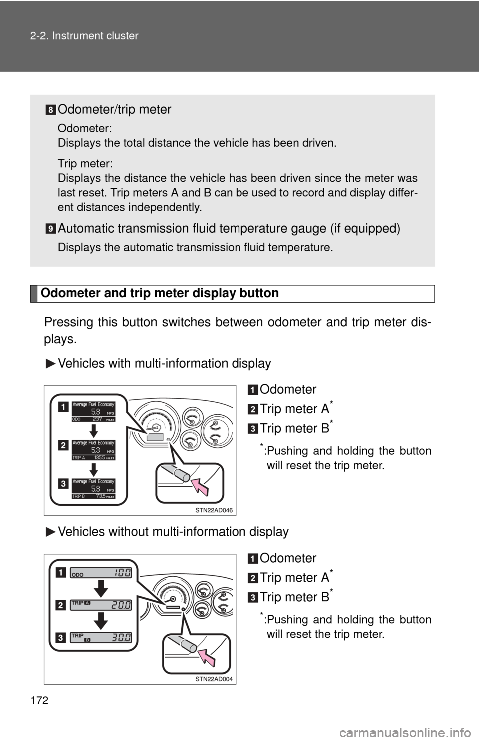TOYOTA SEQUOIA 2013 2.G Owners Manual 172 2-2. Instrument cluster
Odometer and trip meter display button
Pressing this button switches between odometer and trip meter dis-
plays.
Vehicles with multi-information display
Odometer
Trip mete TOYOTA SEQUOIA 2013 2.G Owners Manual 172 2-2. Instrument cluster
Odometer and trip meter display button
Pressing this button switches between odometer and trip meter dis-
plays.
Vehicles with multi-information display
Odometer
Trip mete