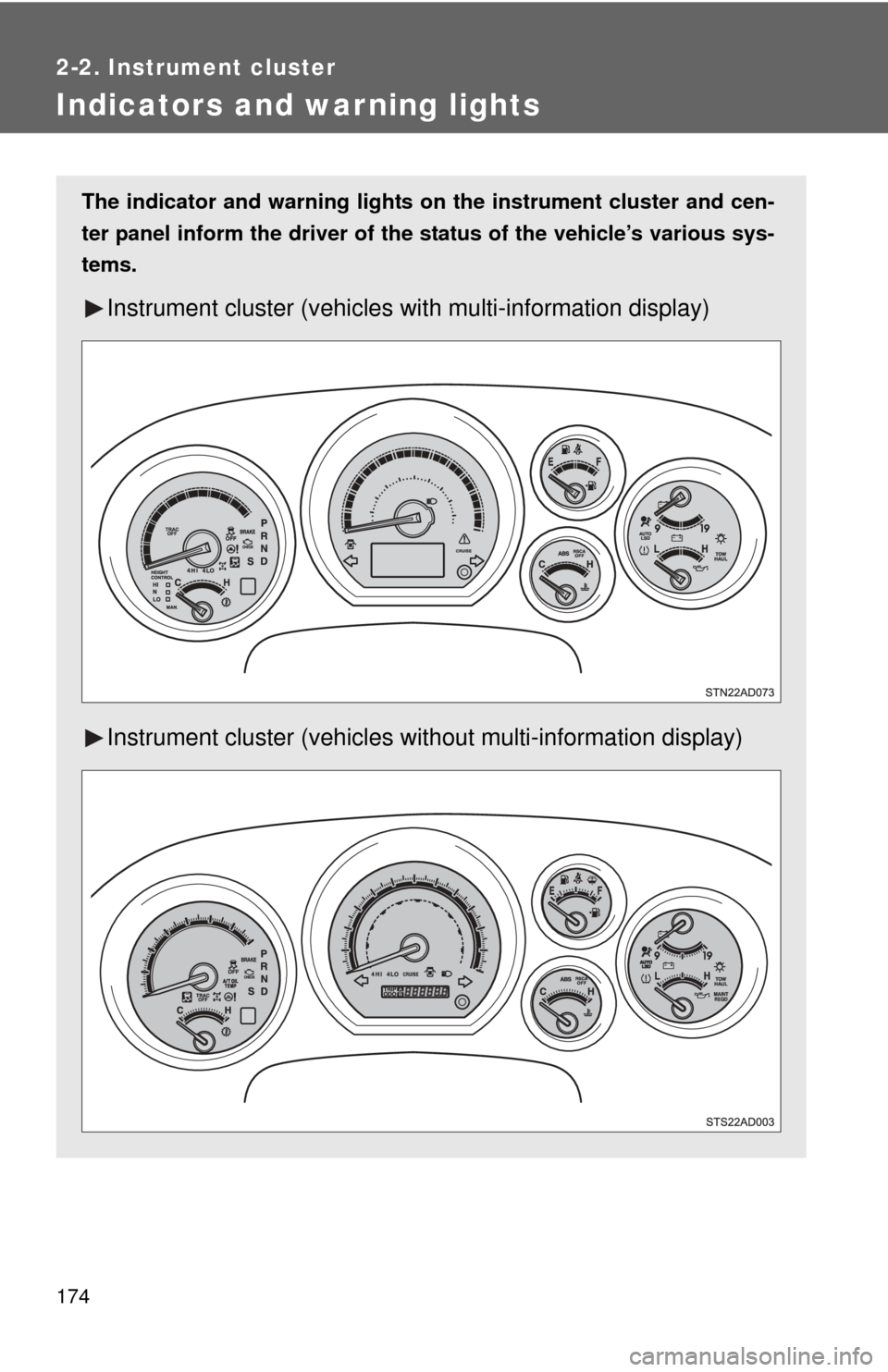TOYOTA SEQUOIA 2013 2.G Owners Manual 174
2-2. Instrument cluster
Indicators and warning lights
The indicator and warning lights on the instrument cluster and cen-
ter panel inform the driver of the status of the vehicle’s various sys- TOYOTA SEQUOIA 2013 2.G Owners Manual 174
2-2. Instrument cluster
Indicators and warning lights
The indicator and warning lights on the instrument cluster and cen-
ter panel inform the driver of the status of the vehicle’s various sys-