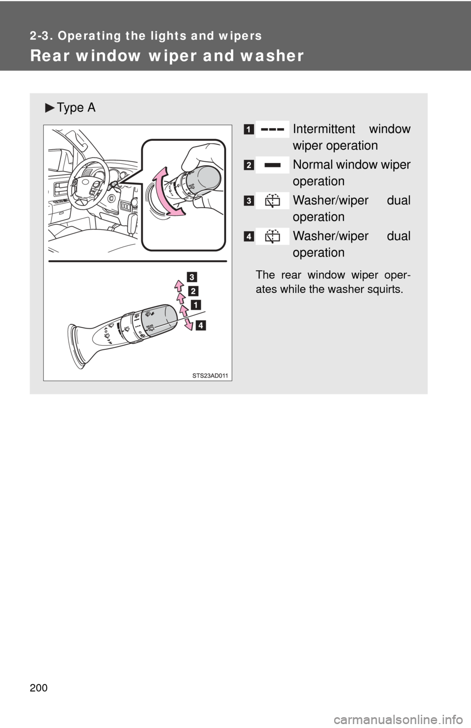 TOYOTA SEQUOIA 2013 2.G Owners Manual 200
2-3. Operating the lights and wipers
Rear window wiper and washer
Ty p e  AIntermittent window
wiper operation
Normal window wiper
operation
Washer/wiper dual
operation
Washer/wiper dual
operation