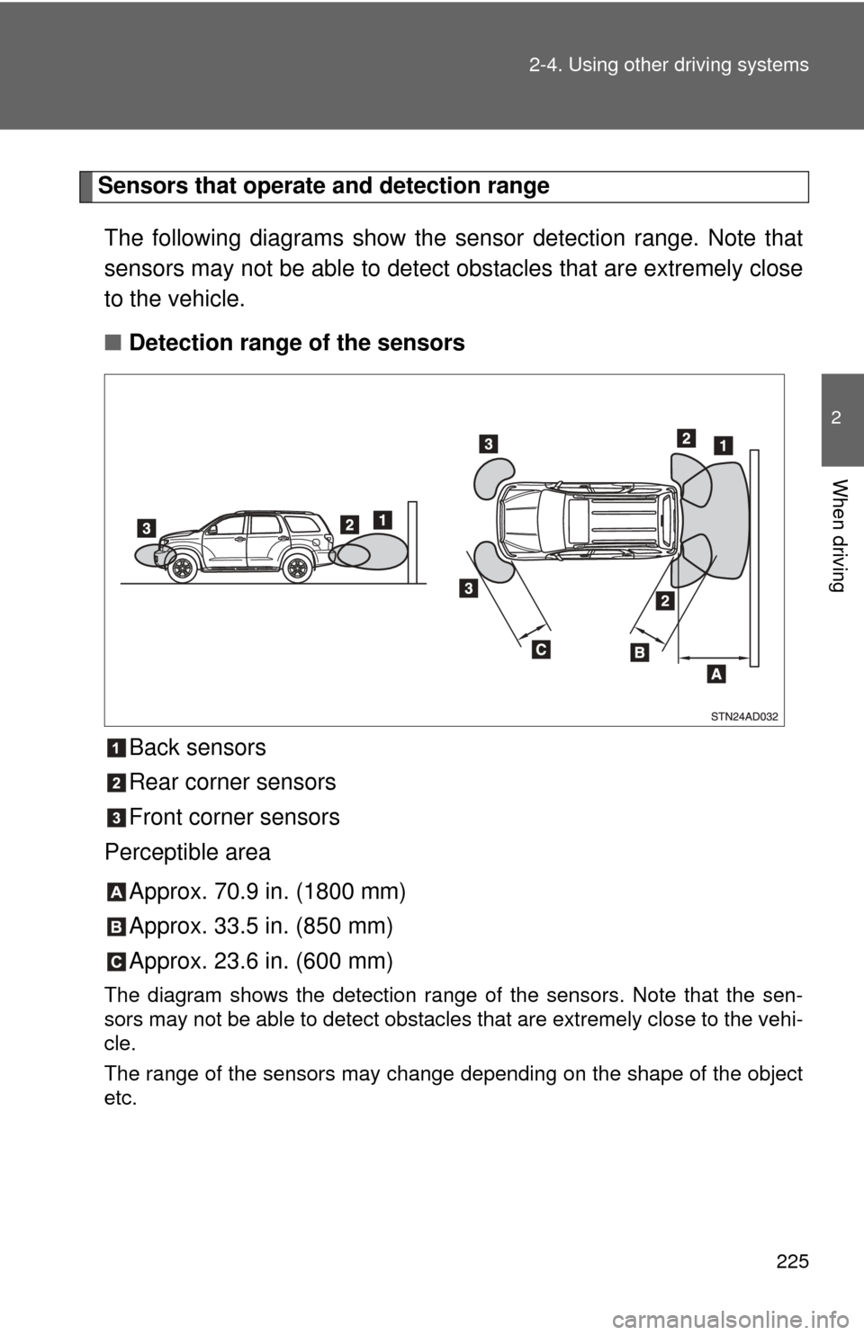 TOYOTA SEQUOIA 2013 2.G Owners Manual 225
2-4. Using other
driving systems
2
When driving
Sensors that operate and detection range
The following diagrams show the se nsor detection range. Note that
sensors may not be able to detect obsta TOYOTA SEQUOIA 2013 2.G Owners Manual 225
2-4. Using other
driving systems
2
When driving
Sensors that operate and detection range
The following diagrams show the se nsor detection range. Note that
sensors may not be able to detect obsta