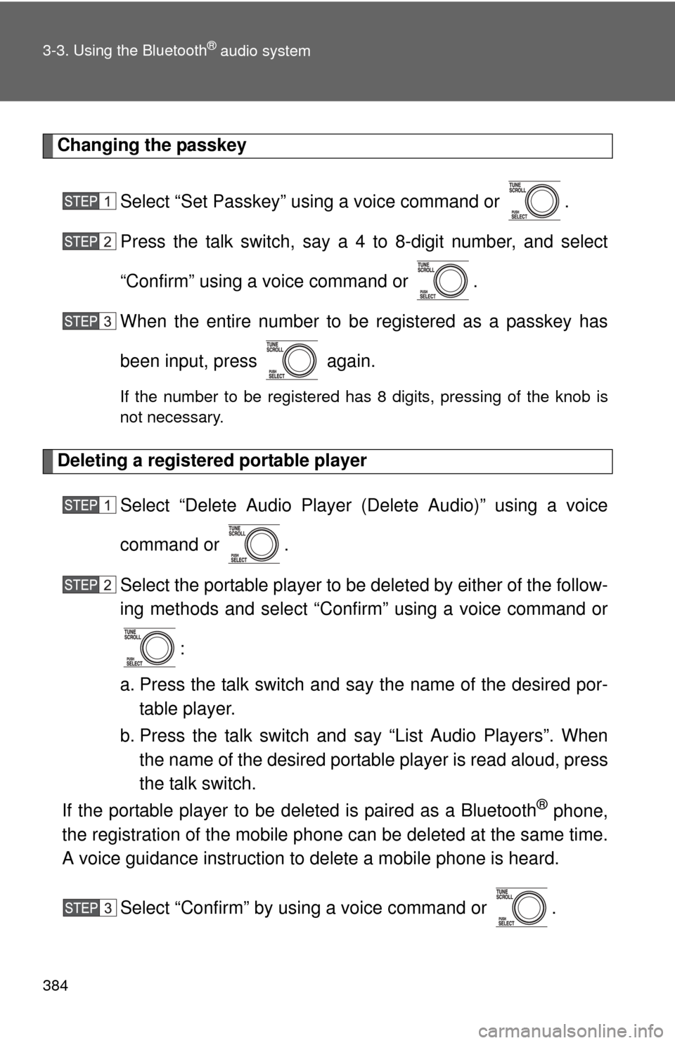 TOYOTA SEQUOIA 2013 2.G Owners Manual 384 3-3. Using the Bluetooth
® audio system
Changing the passkeySelect “Set Passkey” using a voice command or  .
Press the talk switch, say a 4 to 8-digit number, and select
“Confirm” using a