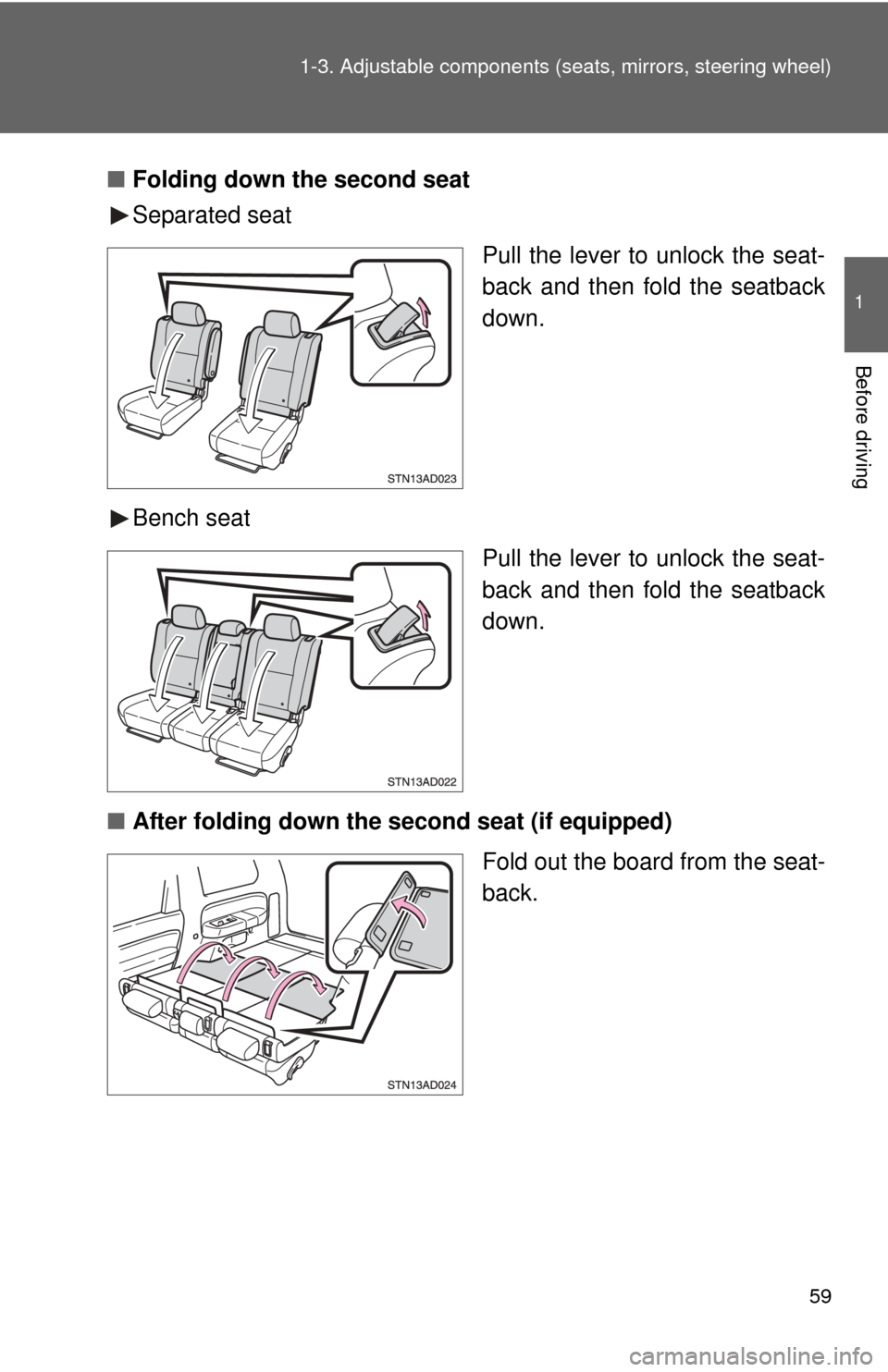 TOYOTA SEQUOIA 2013 2.G Workshop Manual 59
1-3. Adjustable components (s
eats, mirrors, steering wheel)
1
Before driving
■Folding down the second seat
Separated seat
Pull the lever to unlock the seat-
back and then fold the seatback
down.