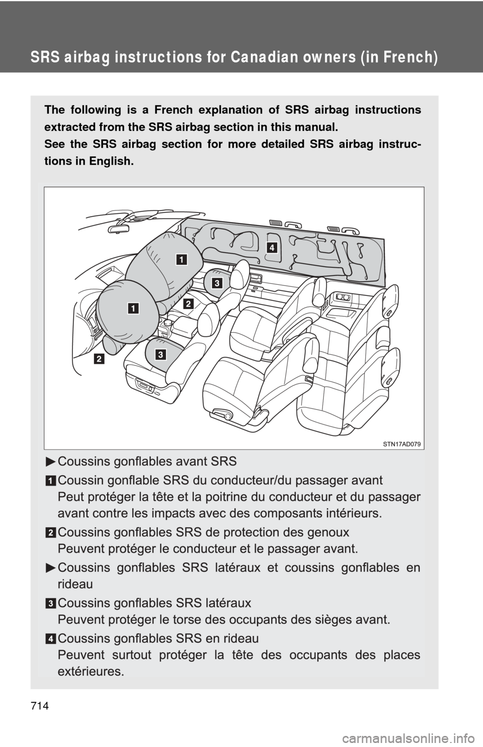 TOYOTA SEQUOIA 2013 2.G Owners Manual 714
SRS airbag instructions for Canadian owners (in French)
The following is a French explanation of SRS airbag instructions
extracted from the SRS airbag section in this manual.
See the SRS airbag se TOYOTA SEQUOIA 2013 2.G Owners Manual 714
SRS airbag instructions for Canadian owners (in French)
The following is a French explanation of SRS airbag instructions
extracted from the SRS airbag section in this manual.
See the SRS airbag se