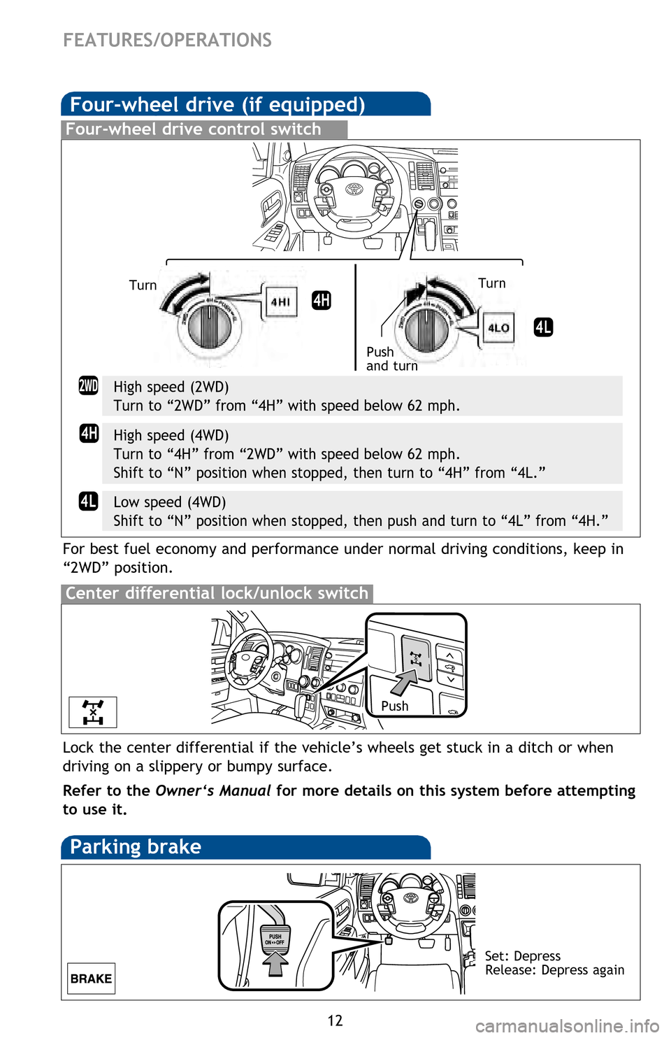 TOYOTA SEQUOIA 2013 2.G Quick Reference Guide 12
FEATURES/OPERATIONS
Lock the center differential if the vehicle’s wheels get stuck in a ditch or when
driving on a slippery or bumpy surface.
Refer to the Owner‘s Manual for more details on th TOYOTA SEQUOIA 2013 2.G Quick Reference Guide 12
FEATURES/OPERATIONS
Lock the center differential if the vehicle’s wheels get stuck in a ditch or when
driving on a slippery or bumpy surface.
Refer to the Owner‘s Manual for more details on th