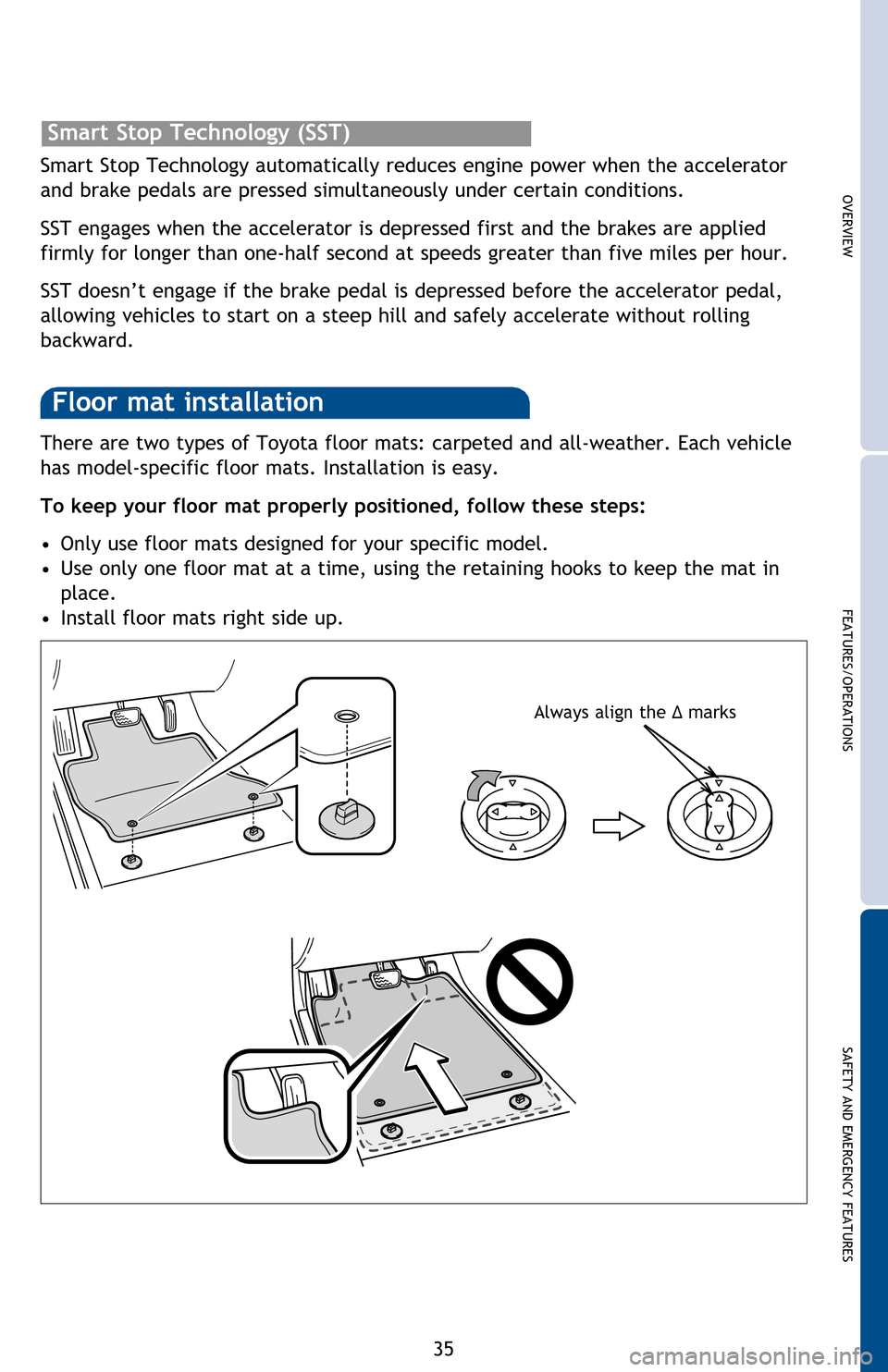 TOYOTA SEQUOIA 2013 2.G Quick Reference Guide OVERVIEW
FEATURES/OPERATIONS
SAFETY AND EMERGENCY FEATURES
35
There are two types of Toyota floor mats: carpeted and all-weather. Each vehicle
has model-specific floor mats. Installation is easy.
To TOYOTA SEQUOIA 2013 2.G Quick Reference Guide OVERVIEW
FEATURES/OPERATIONS
SAFETY AND EMERGENCY FEATURES
35
There are two types of Toyota floor mats: carpeted and all-weather. Each vehicle
has model-specific floor mats. Installation is easy.
To