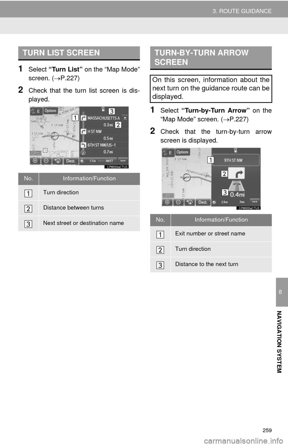 TOYOTA SEQUOIA 2014 2.G Navigation Manual 259
3. ROUTE GUIDANCE
8
NAVIGATION SYSTEM
1Select “Turn List” on the “Map Mode”
screen. (P.227)
2Check that the turn list screen is dis-
played.
1Select “Turn-by-Turn Arrow” on the
“M TOYOTA SEQUOIA 2014 2.G Navigation Manual 259
3. ROUTE GUIDANCE
8
NAVIGATION SYSTEM
1Select “Turn List” on the “Map Mode”
screen. (P.227)
2Check that the turn list screen is dis-
played.
1Select “Turn-by-Turn Arrow” on the
“M