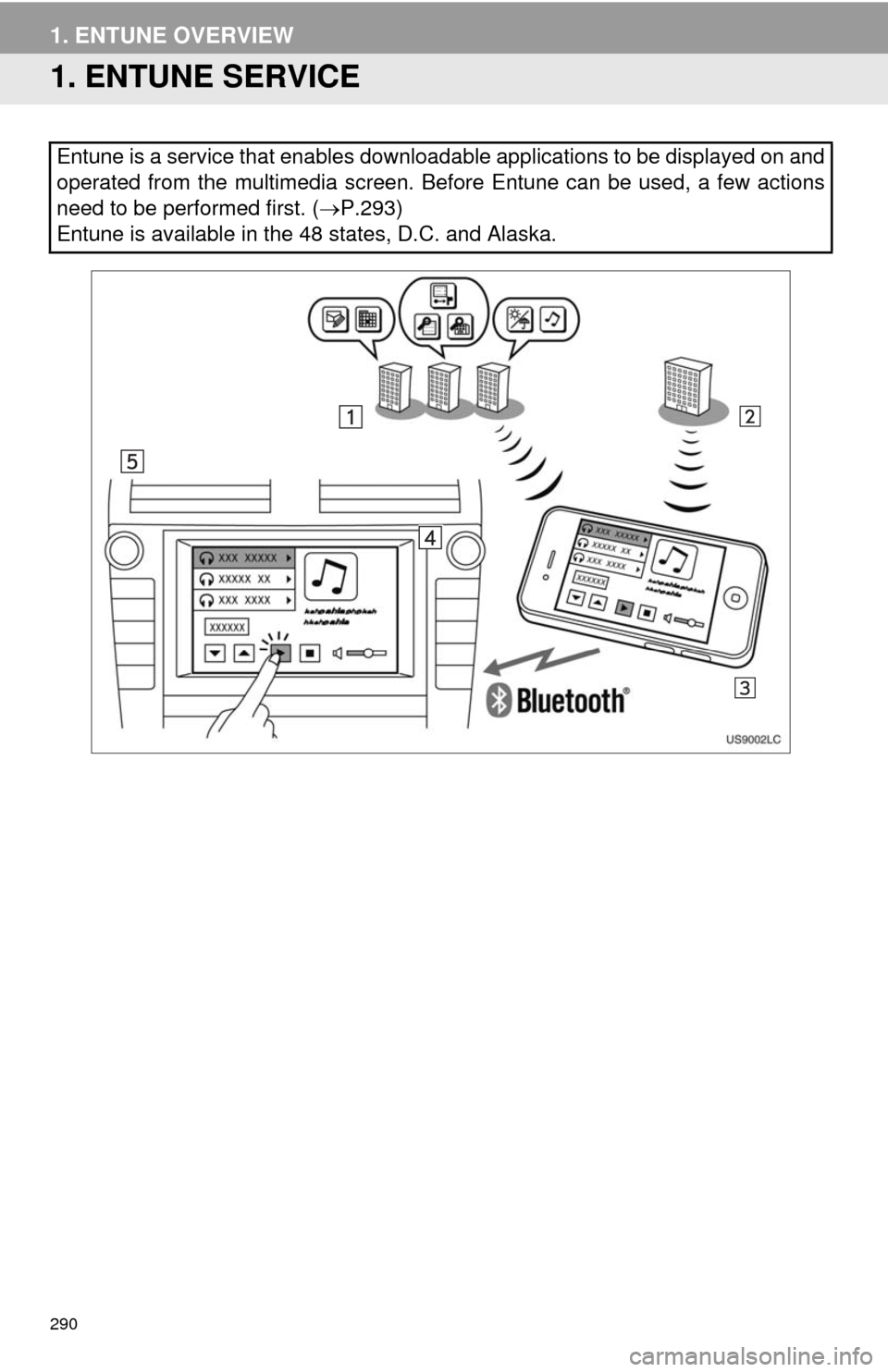 TOYOTA SEQUOIA 2014 2.G Navigation Manual 290
1. ENTUNE OVERVIEW
1. ENTUNE SERVICE
Entune is a service that enables downloadable applications to be displayed on and
operated from the multimedia screen. Before Entune can be used, a few actions TOYOTA SEQUOIA 2014 2.G Navigation Manual 290
1. ENTUNE OVERVIEW
1. ENTUNE SERVICE
Entune is a service that enables downloadable applications to be displayed on and
operated from the multimedia screen. Before Entune can be used, a few actions