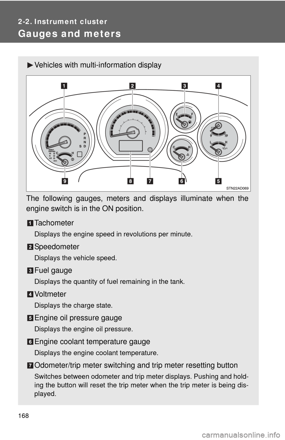 TOYOTA SEQUOIA 2014 2.G Owners Manual 168
2-2. Instrument cluster
Gauges and meters
Vehicles with multi-information display
The following gauges, meters and displays illuminate when the
engine switch is in the ON position. Tachometer
Disp